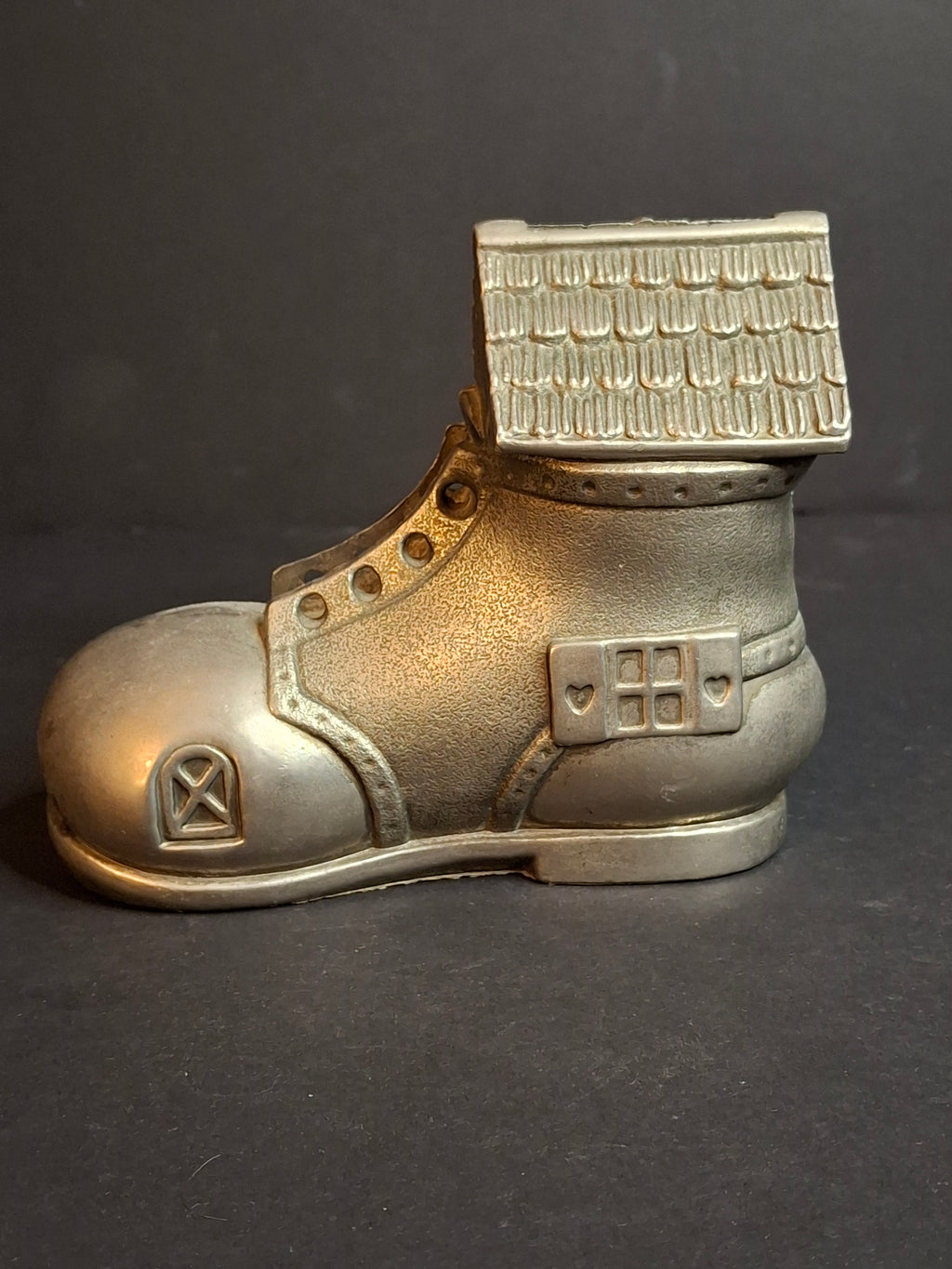 Vintage Pewter Nursery Rhyme Still Coin Bank Old Woman Who Lived in a Shoe Boot House Figural