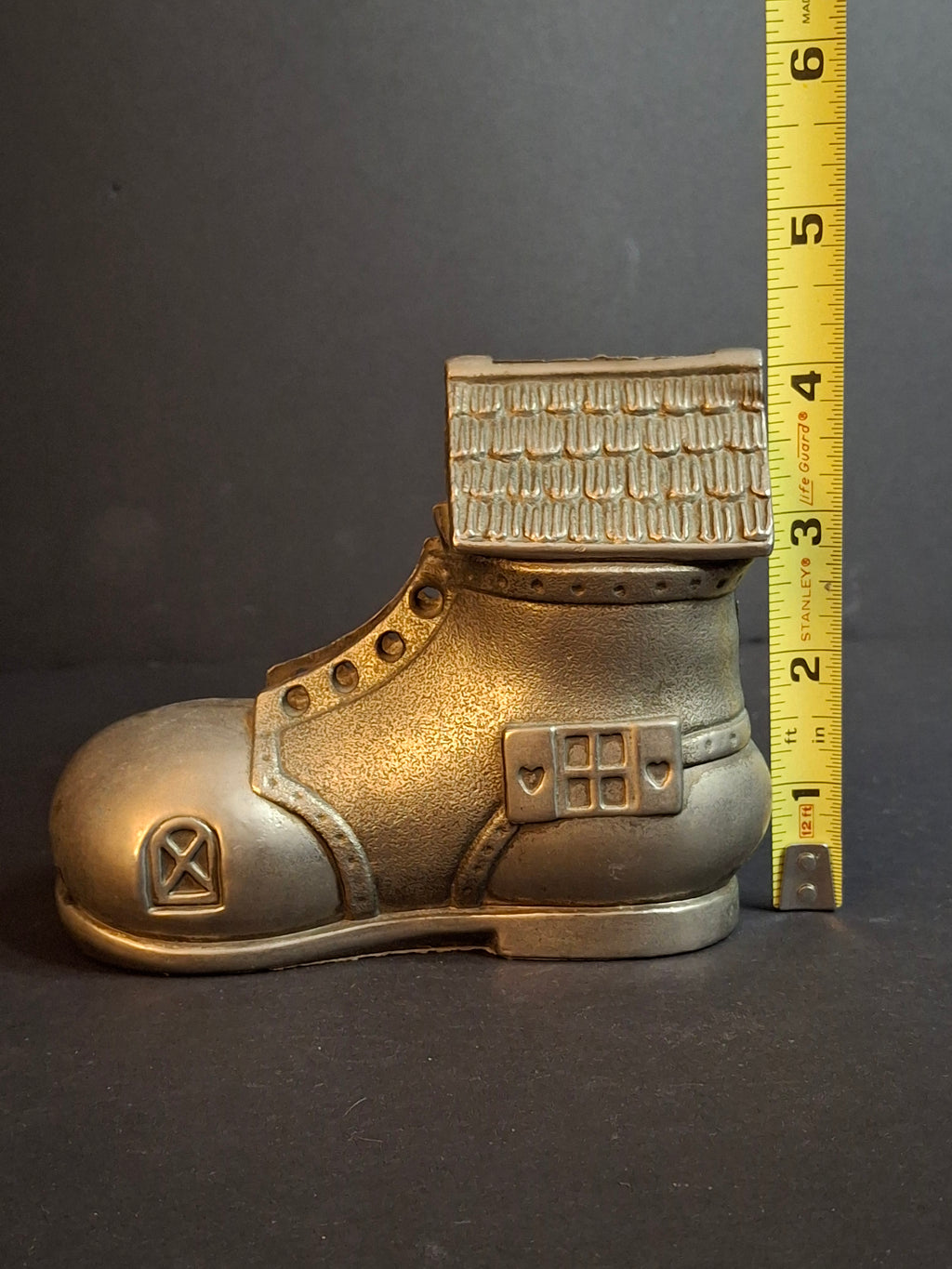 Vintage Pewter Nursery Rhyme Still Coin Bank Old Woman Who Lived in a Shoe Boot House Figural