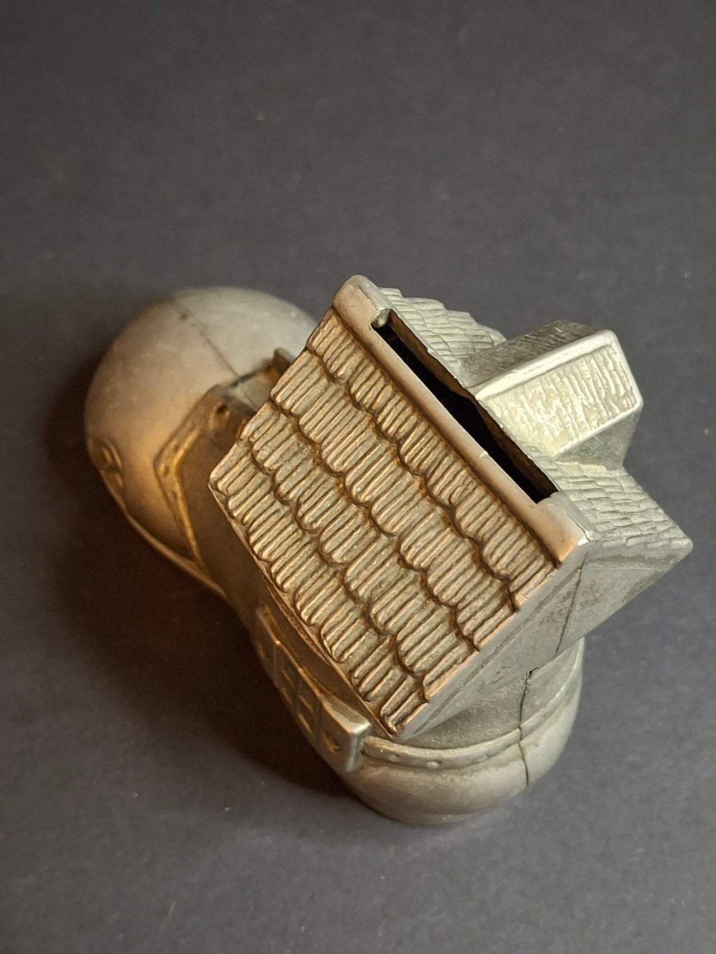 Vintage Pewter Nursery Rhyme Still Coin Bank Old Woman Who Lived in a Shoe Boot House Figural