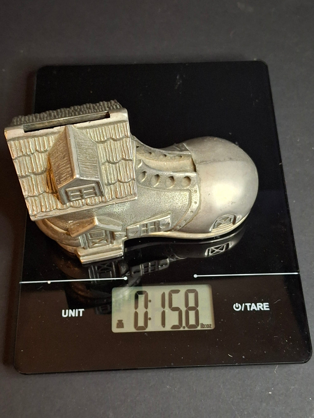 Vintage Pewter Nursery Rhyme Still Coin Bank Old Woman Who Lived in a Shoe Boot House Figural