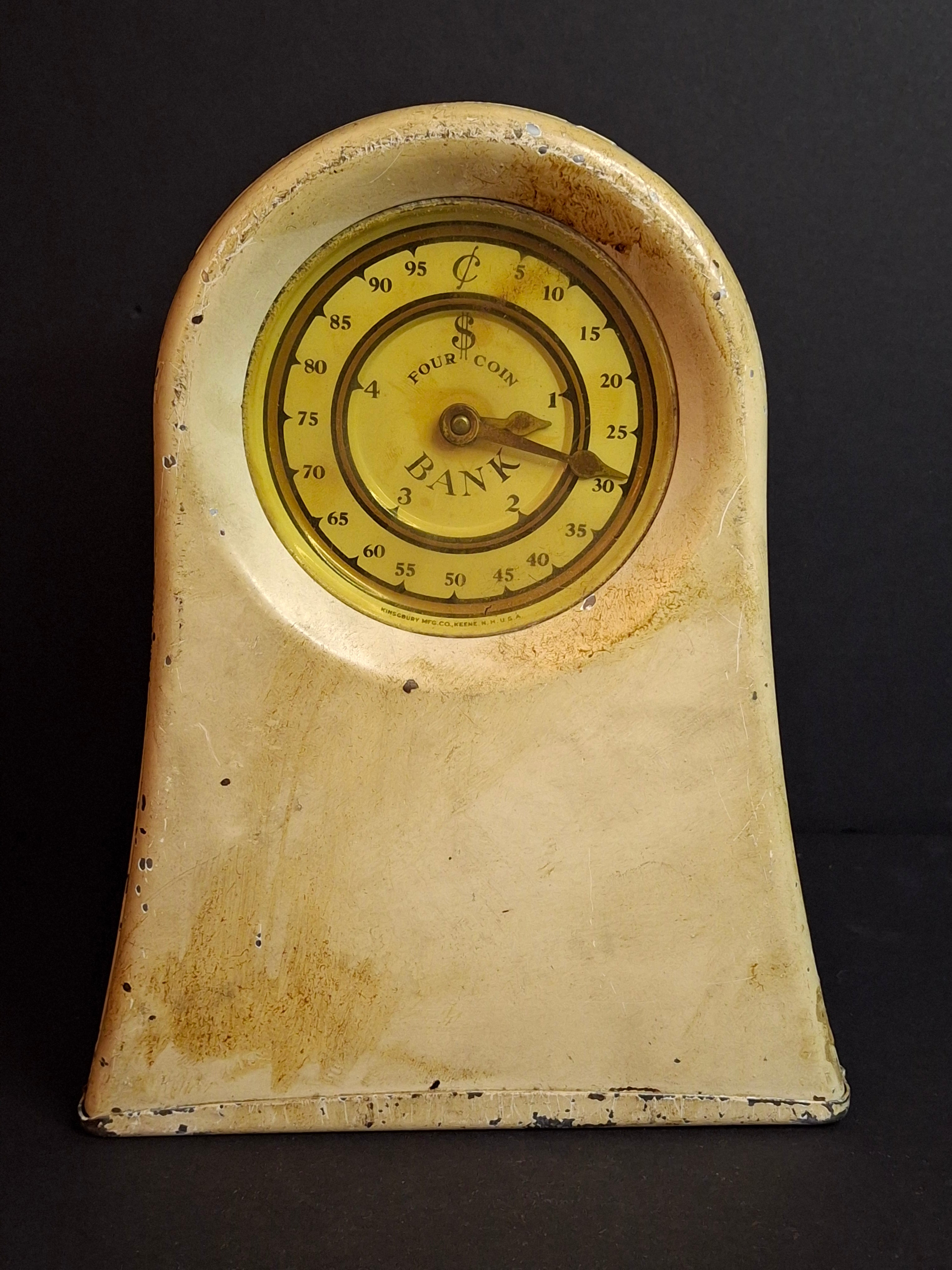 Antique Kingsbury Mfg Co Four Coin Functional Mechanical Register Bank, Art Deco Clock Style
