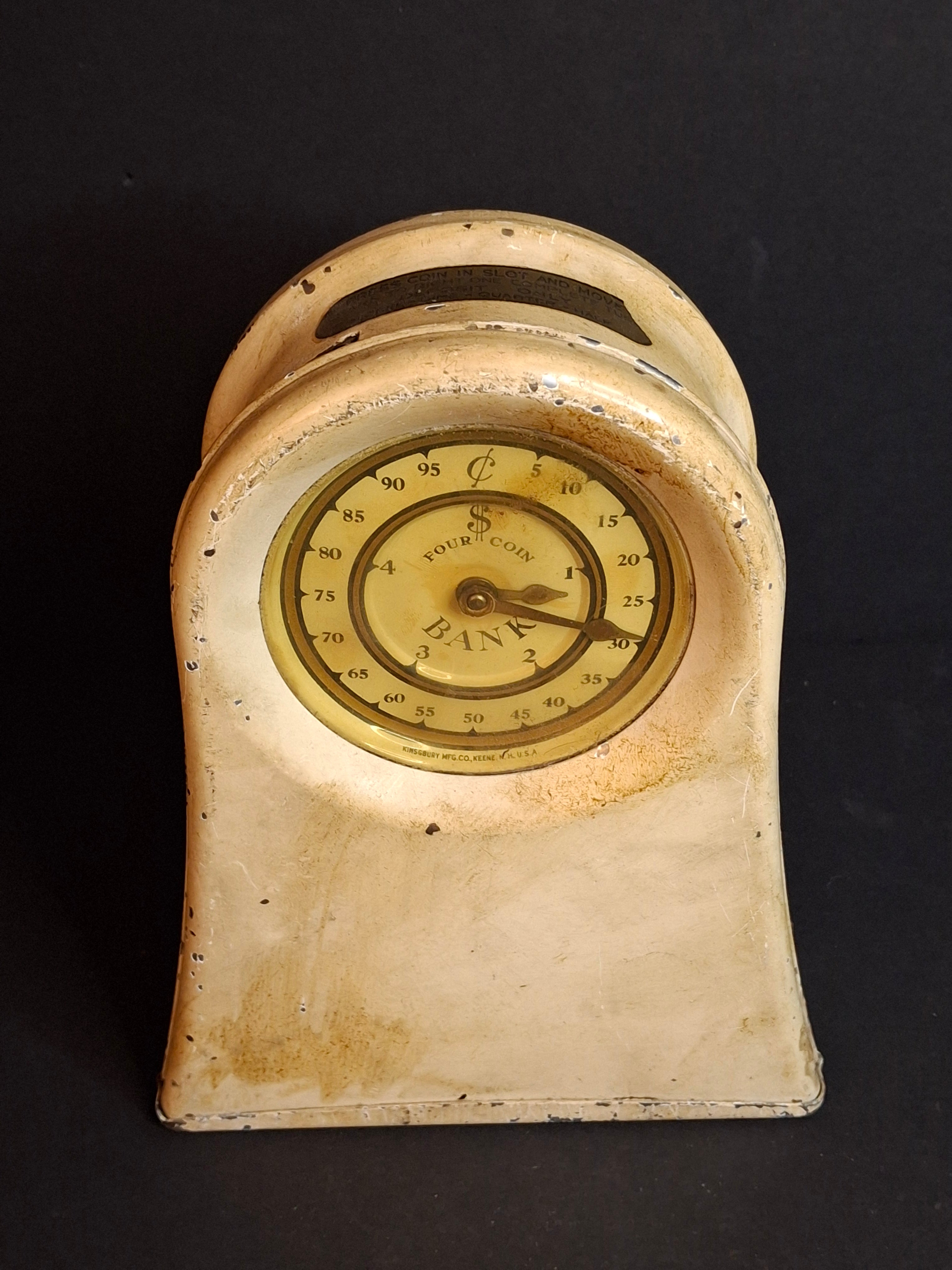 Antique Kingsbury Mfg Co Four Coin Functional Mechanical Register Bank, Art Deco Clock Style