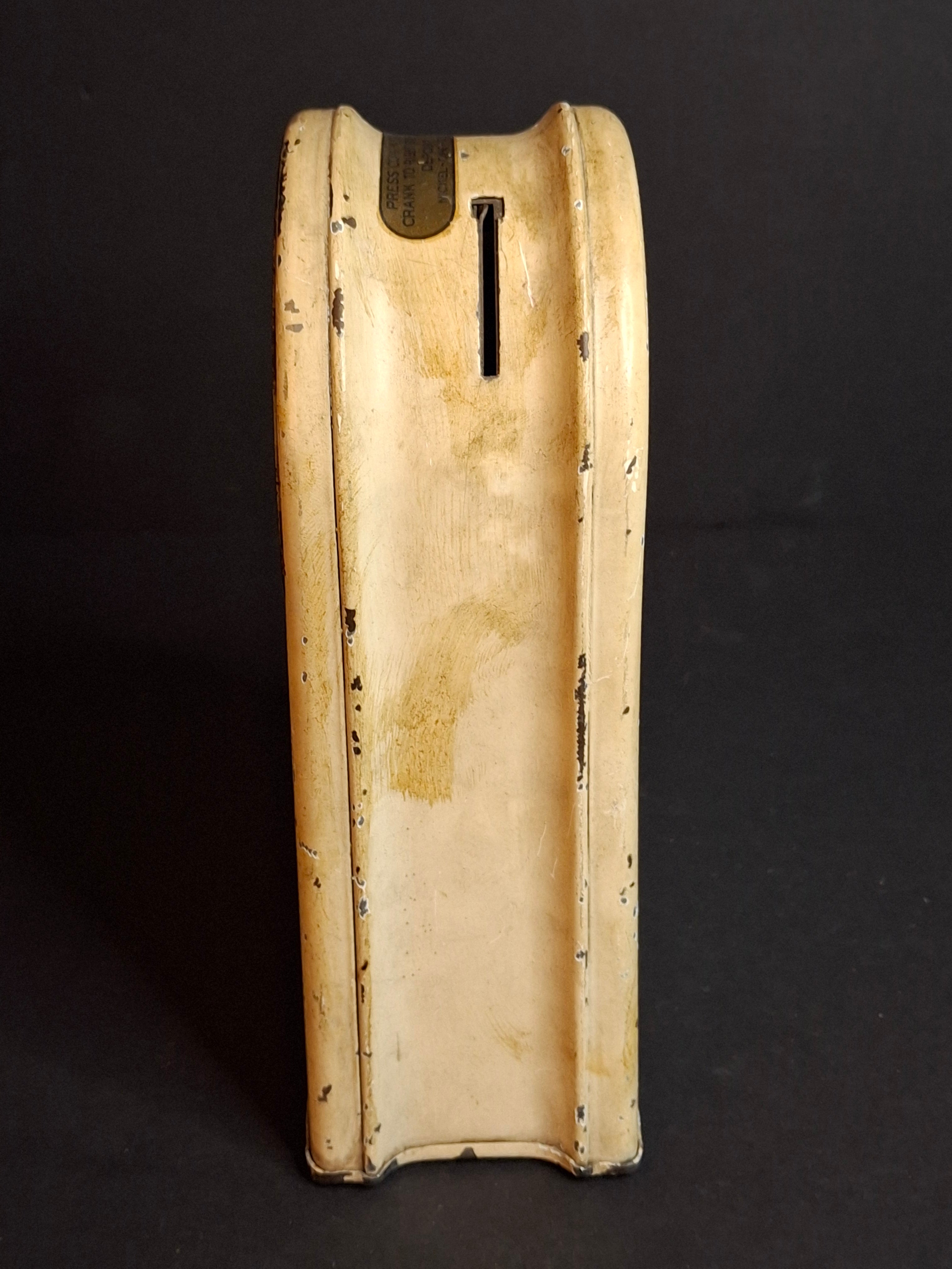 Antique Kingsbury Mfg Co Four Coin Functional Mechanical Register Bank, Art Deco Clock Style