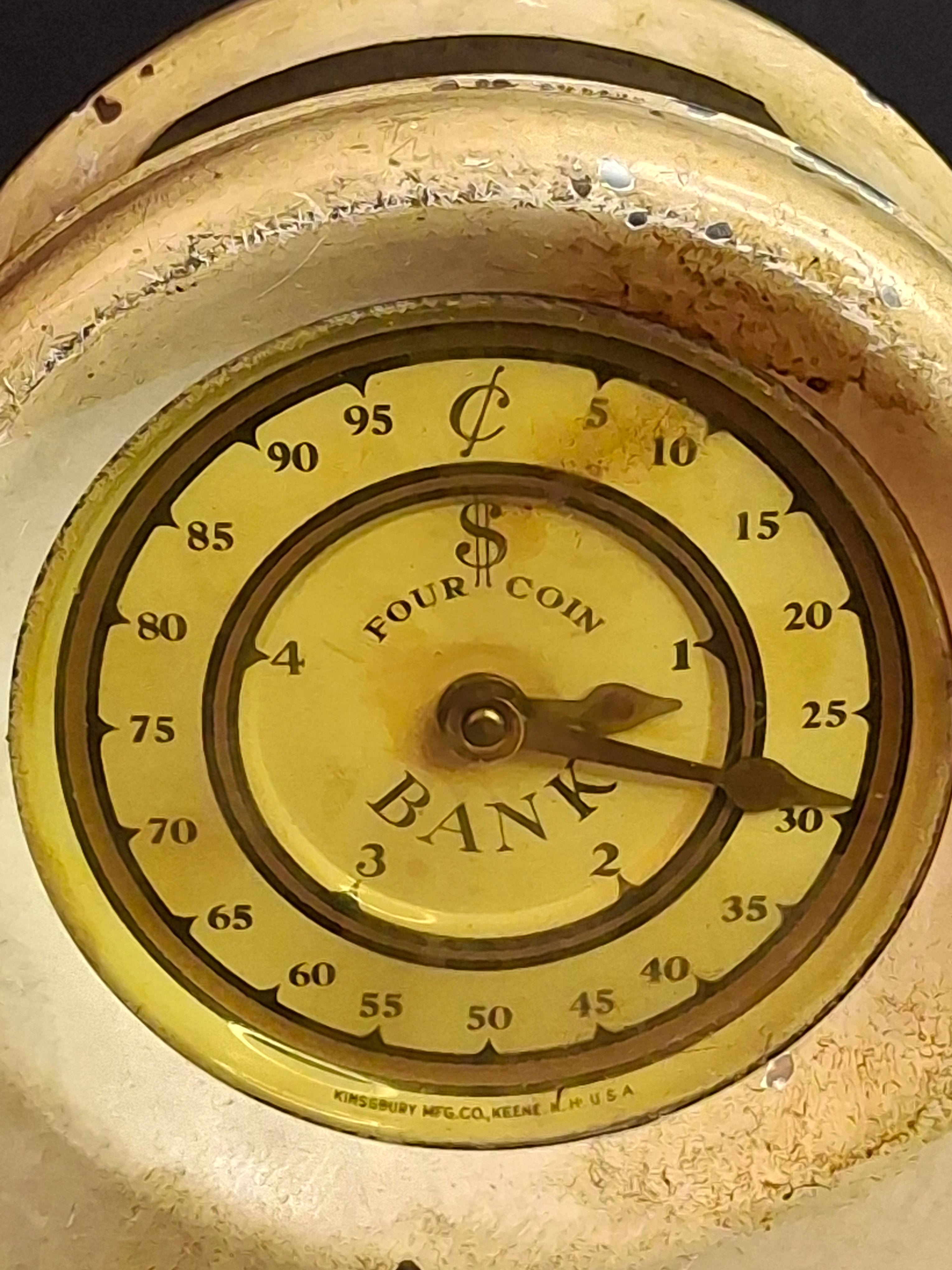 Antique Kingsbury Mfg Co Four Coin Functional Mechanical Register Bank, Art Deco Clock Style