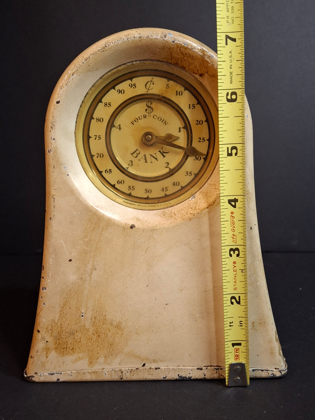 Antique Kingsbury Mfg Co Four Coin Functional Mechanical Register Bank, Art Deco Clock Style