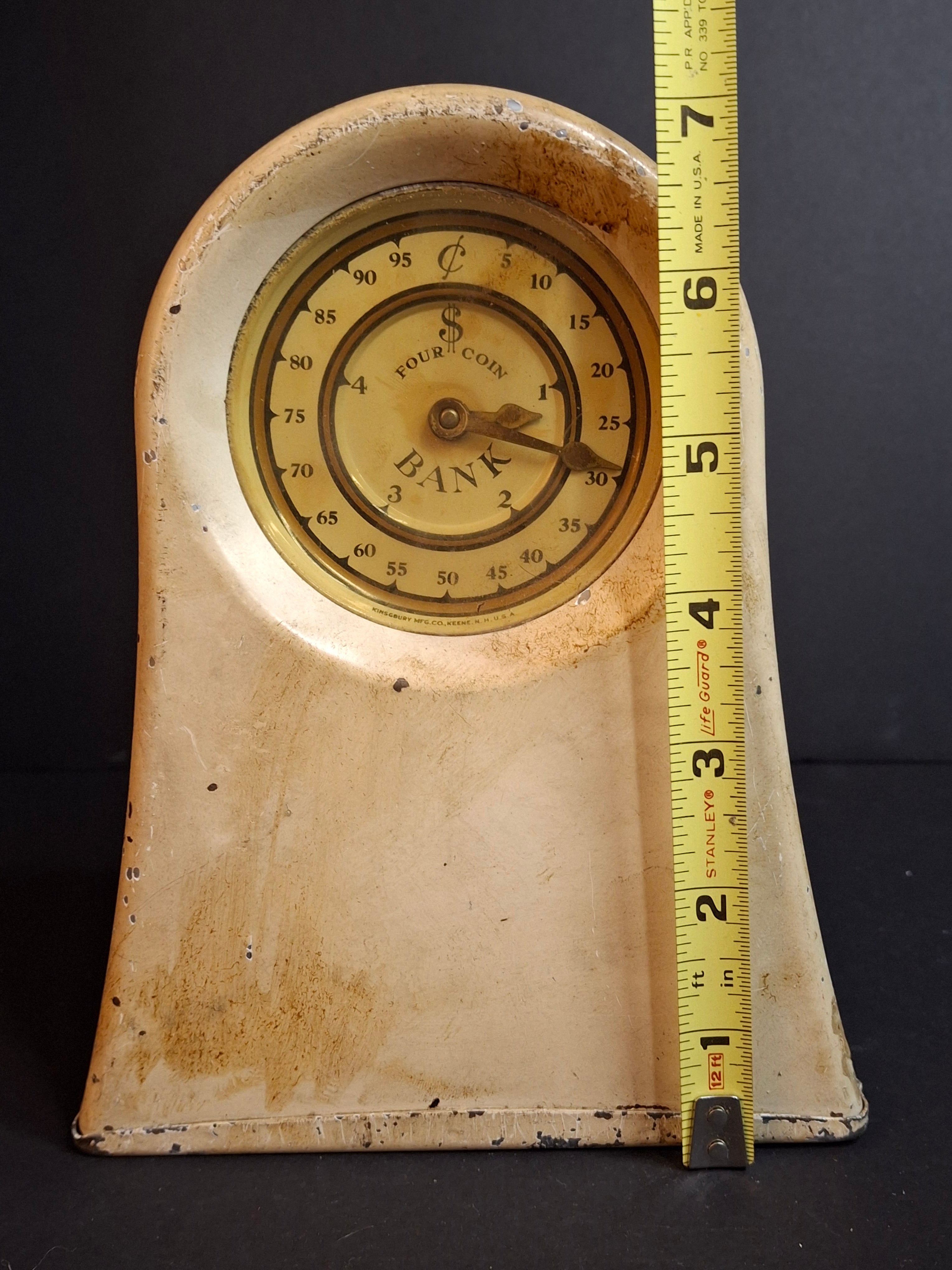 Antique Kingsbury Mfg Co Four Coin Functional Mechanical Register Bank, Art Deco Clock Style