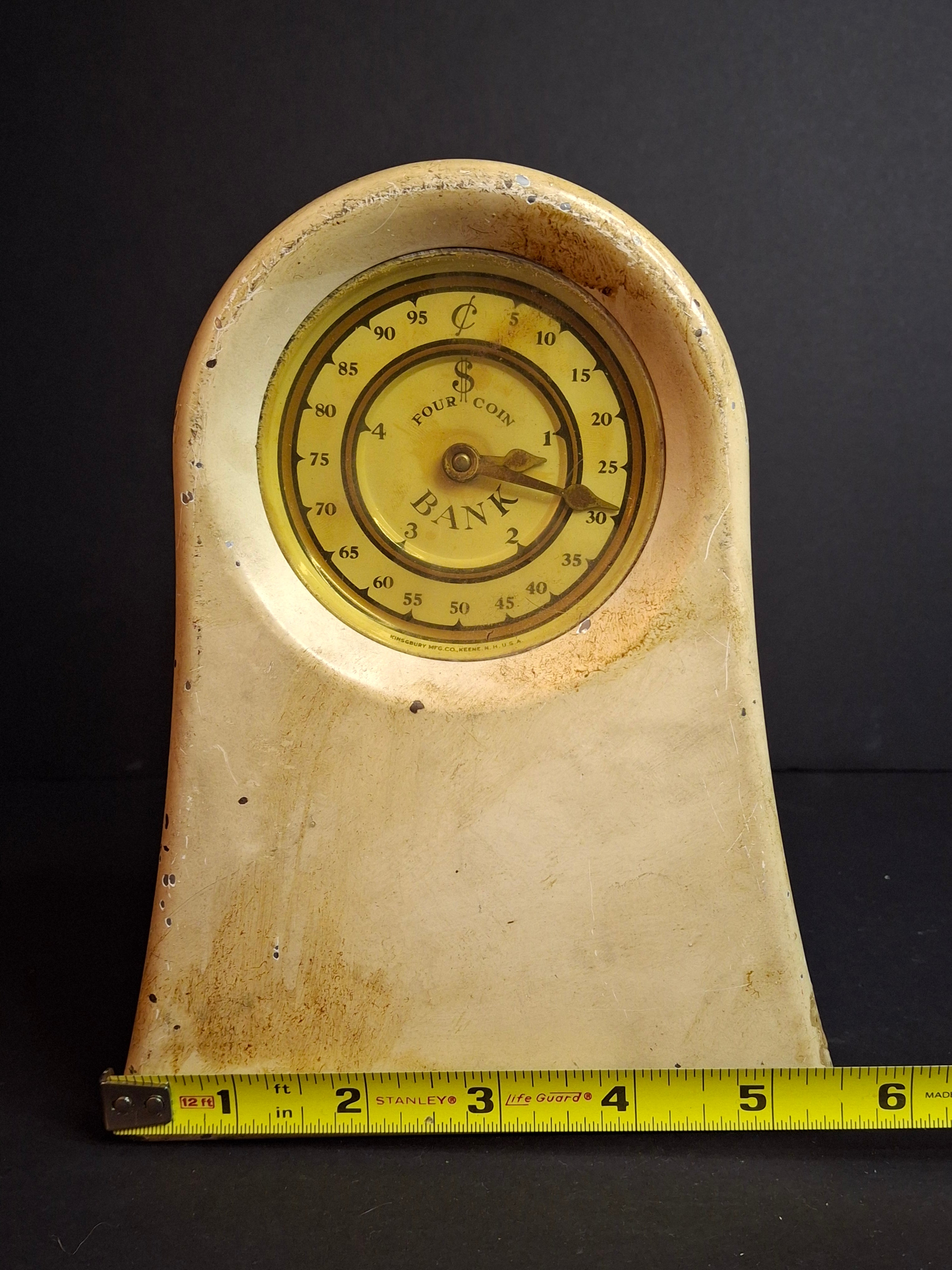 Antique Kingsbury Mfg Co Four Coin Functional Mechanical Register Bank, Art Deco Clock Style