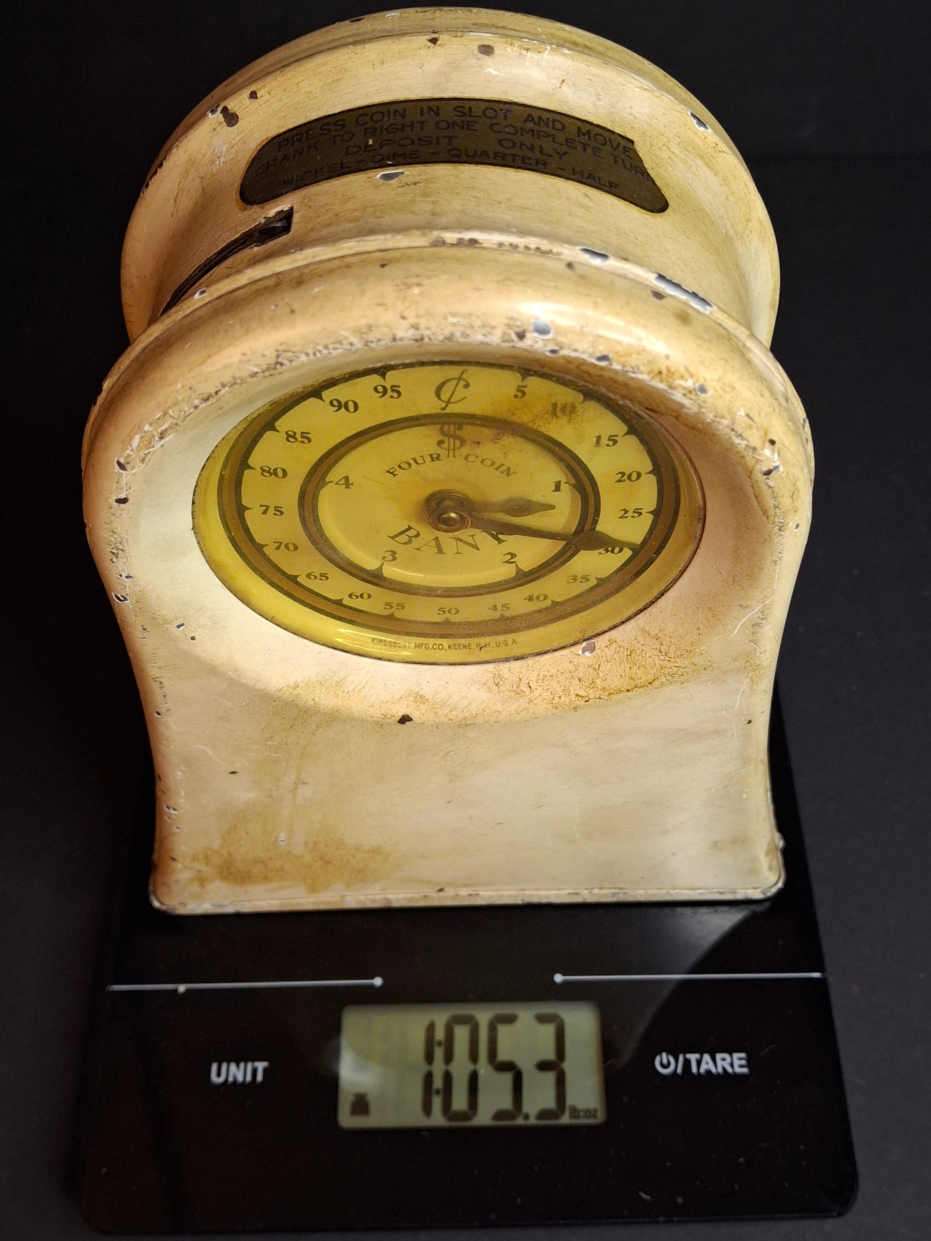 Antique Kingsbury Mfg Co Four Coin Functional Mechanical Register Bank, Art Deco Clock Style