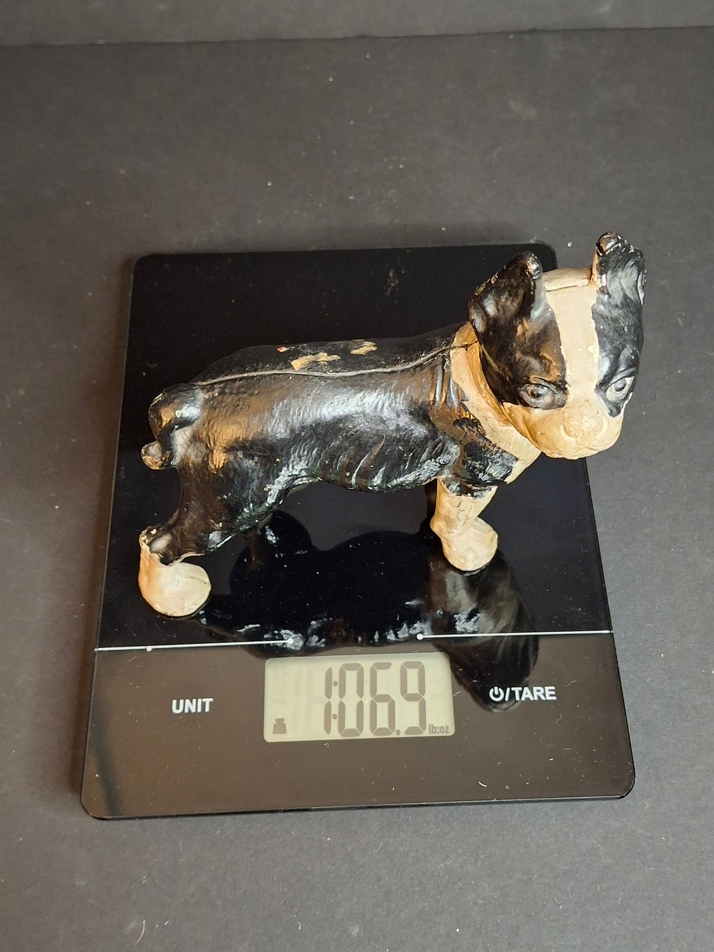 Antique Vindex Toys Cast Iron Boston Terrier Still Bank 1931 Dog Coin Penny Bank