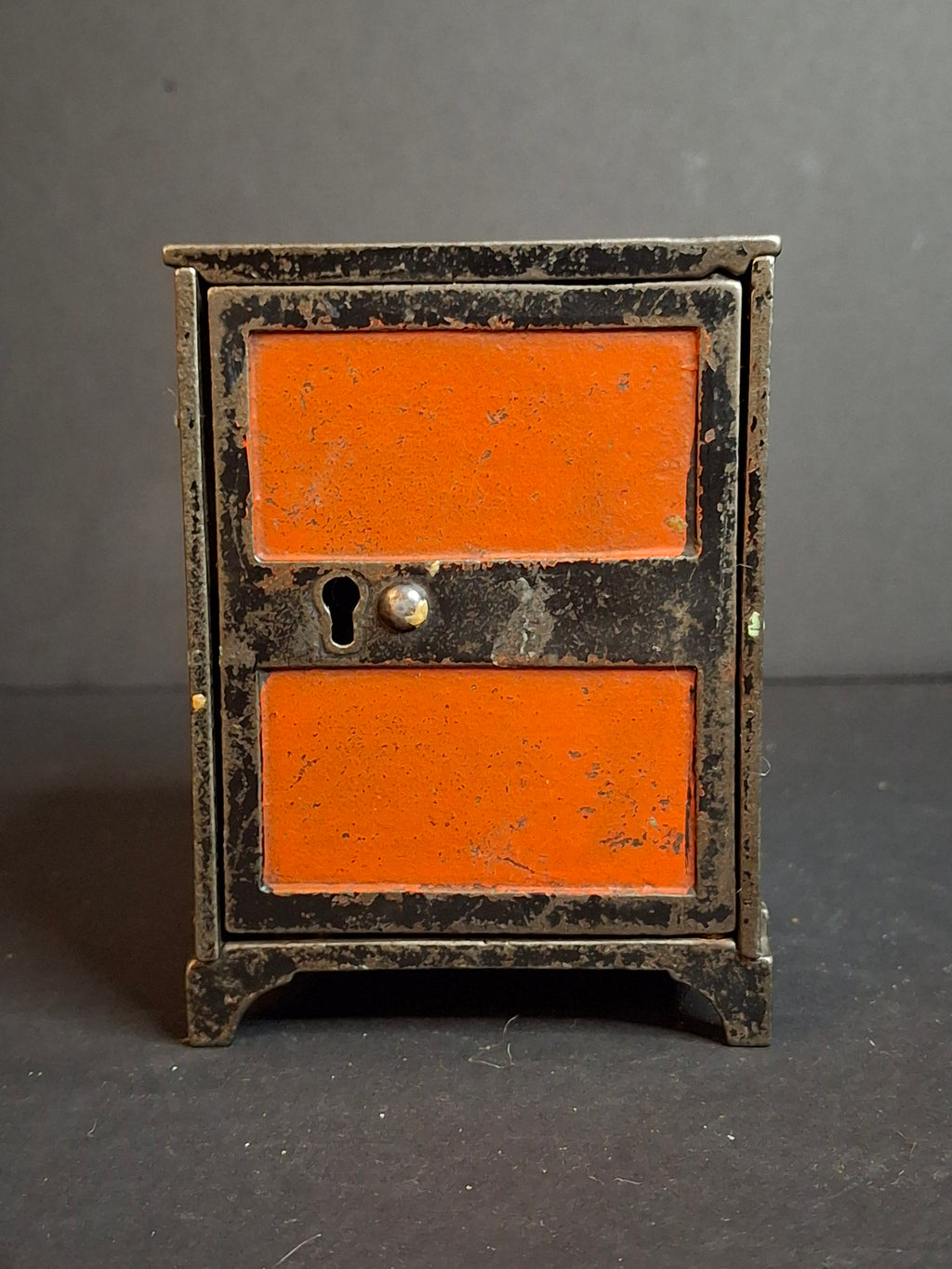 Antique 1880s Cast Iron Two Panel Door Safe Penny Bank – Bright Orange & Black Japanned Finish – Large Variant – The Peirce Collection Provenance
