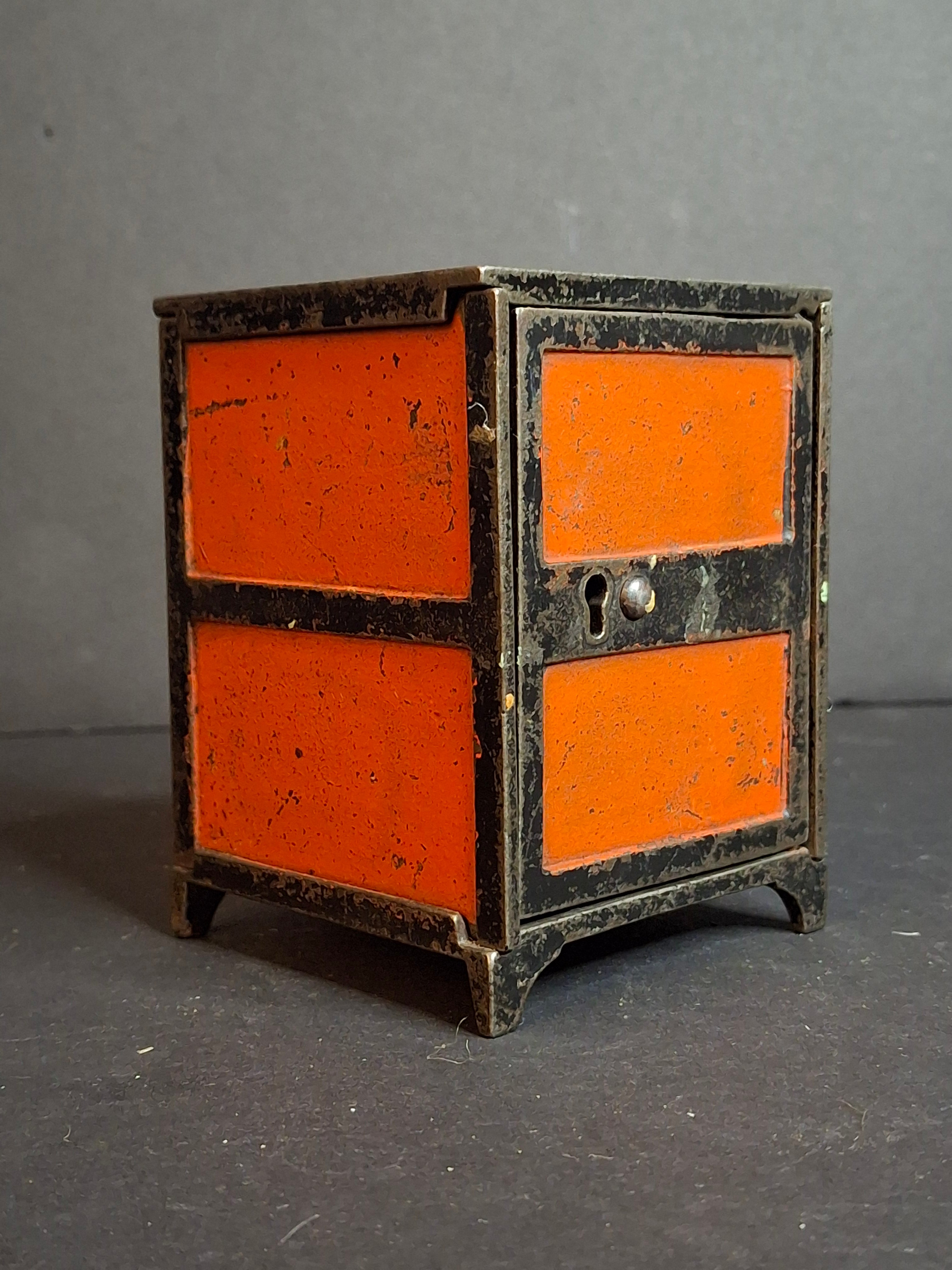 Antique 1880s Cast Iron Two Panel Door Safe Penny Bank – Bright Orange & Black Japanned Finish – Large Variant – The Peirce Collection Provenance