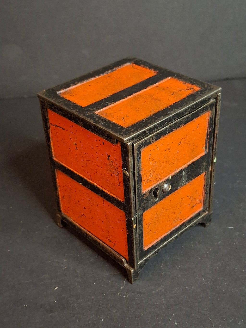 Antique 1880s Cast Iron Two Panel Door Safe Penny Bank – Bright Orange & Black Japanned Finish – Large Variant – The Peirce Collection Provenance