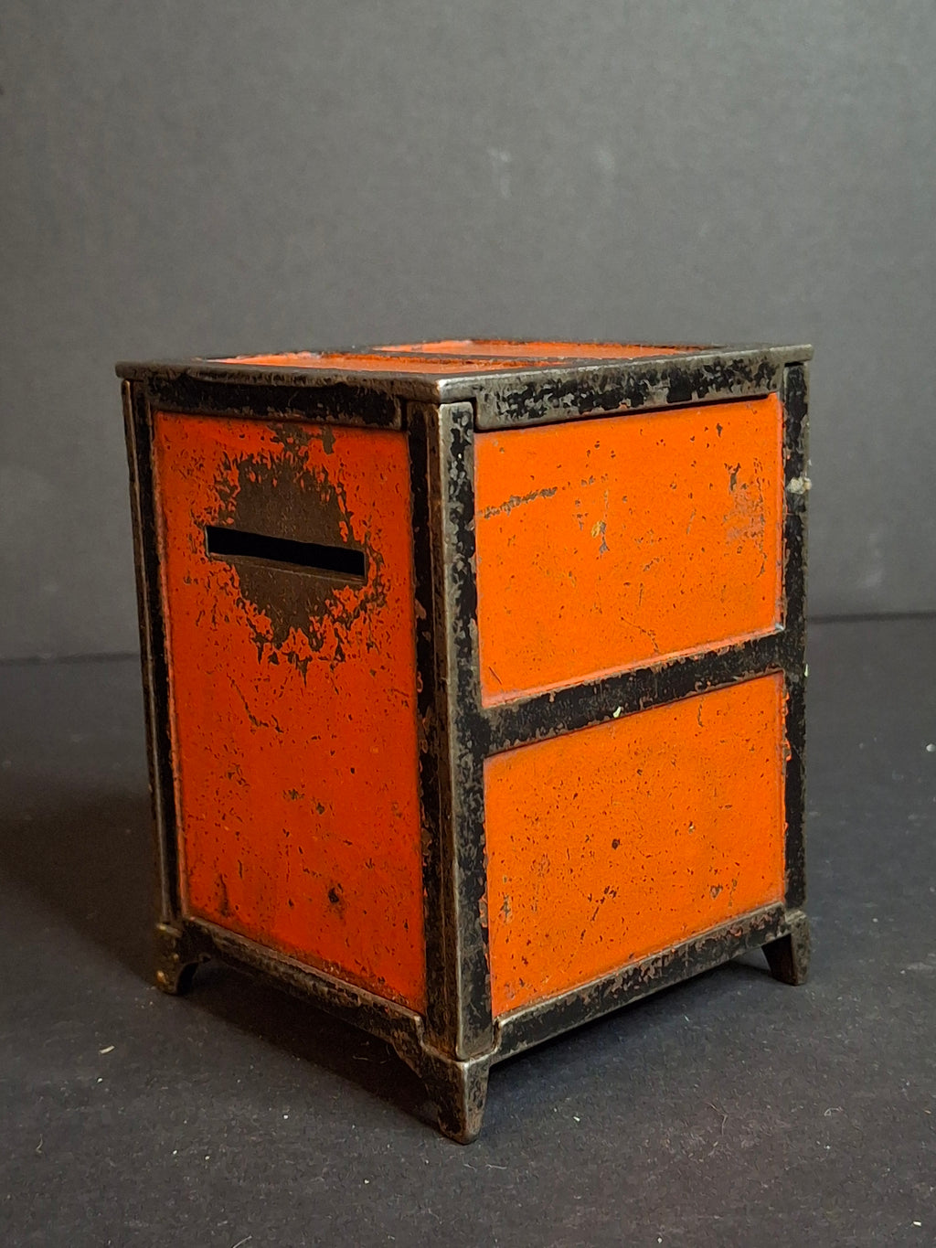 Antique 1880s Cast Iron Two Panel Door Safe Penny Bank – Bright Orange & Black Japanned Finish – Large Variant – The Peirce Collection Provenance
