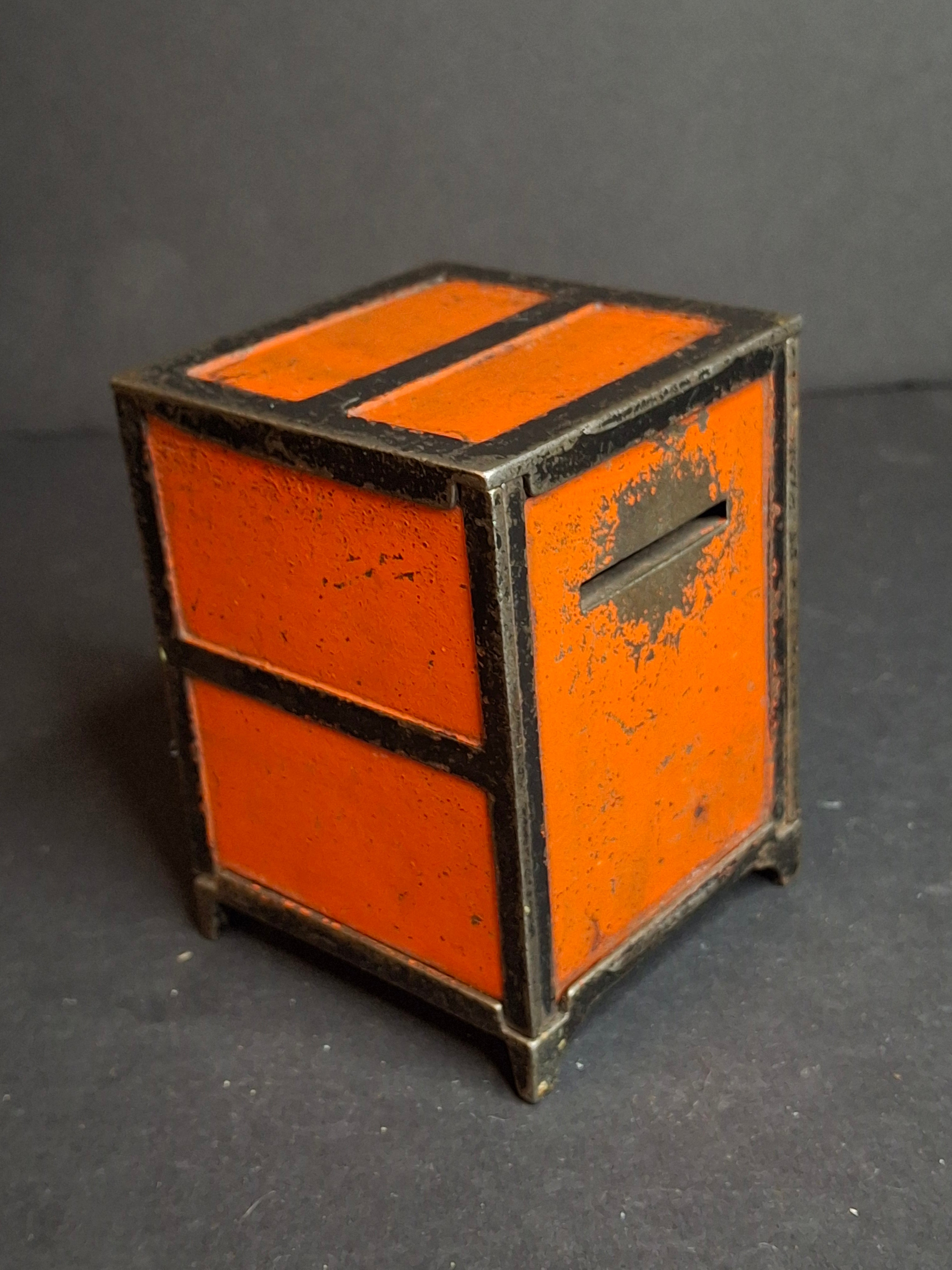 Antique 1880s Cast Iron Two Panel Door Safe Penny Bank – Bright Orange & Black Japanned Finish – Large Variant – The Peirce Collection Provenance