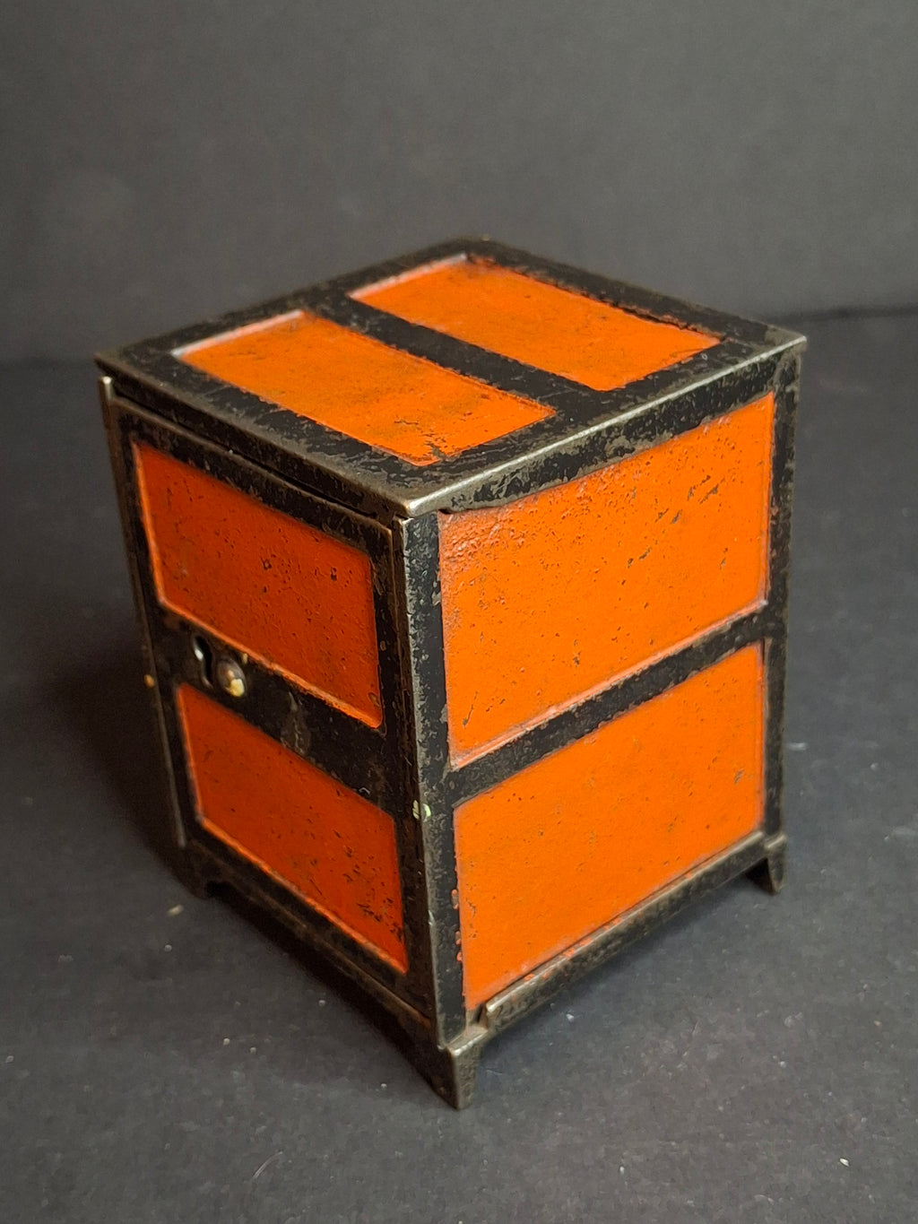 Antique 1880s Cast Iron Two Panel Door Safe Penny Bank – Bright Orange & Black Japanned Finish – Large Variant – The Peirce Collection Provenance