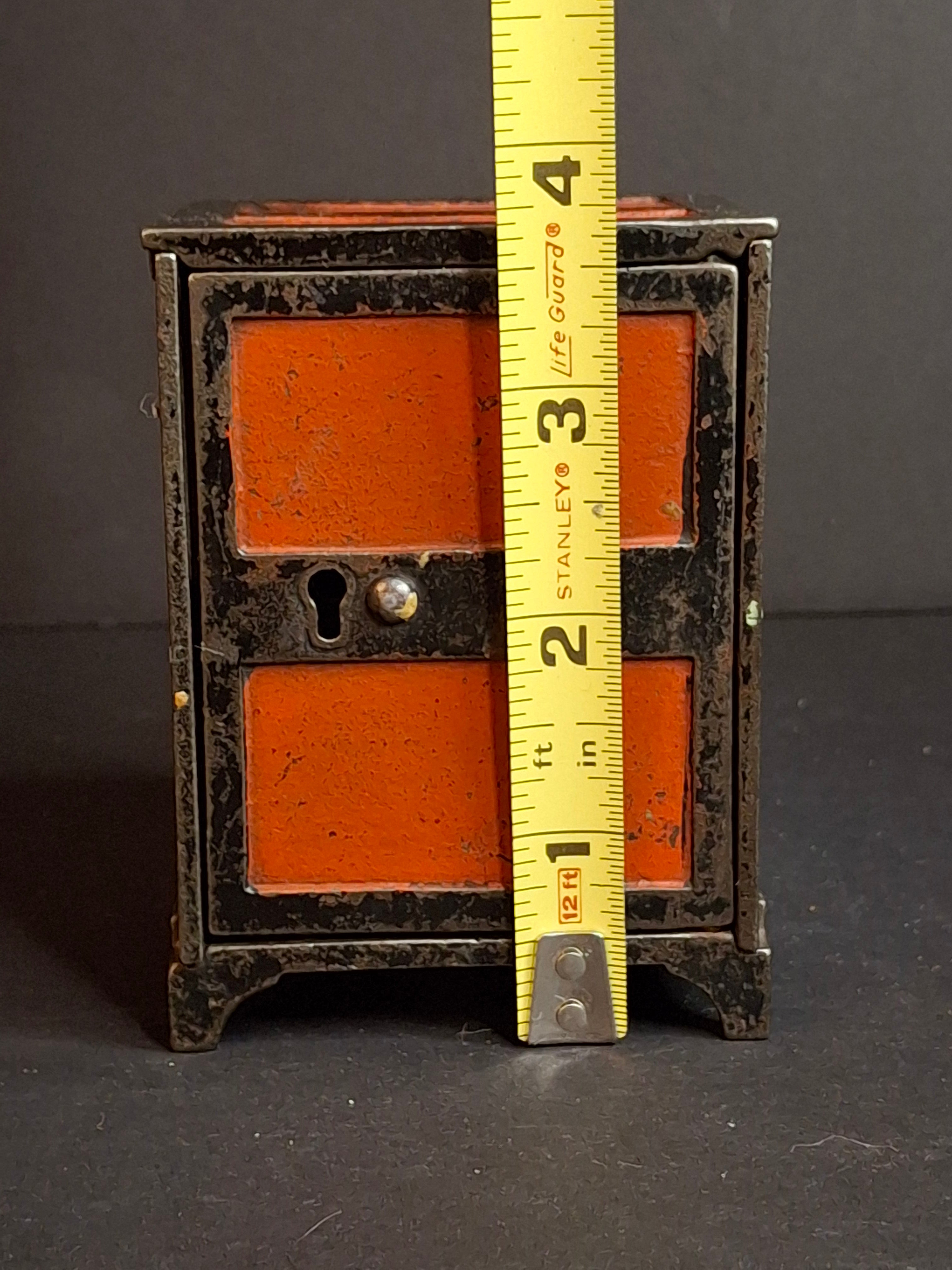 Antique 1880s Cast Iron Two Panel Door Safe Penny Bank – Bright Orange & Black Japanned Finish – Large Variant – The Peirce Collection Provenance