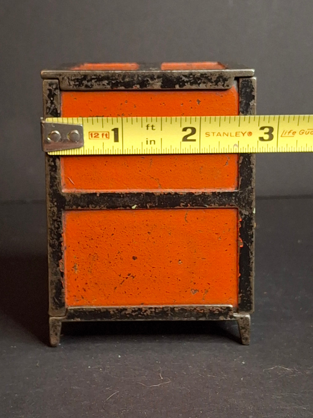Antique 1880s Cast Iron Two Panel Door Safe Penny Bank – Bright Orange & Black Japanned Finish – Large Variant – The Peirce Collection Provenance