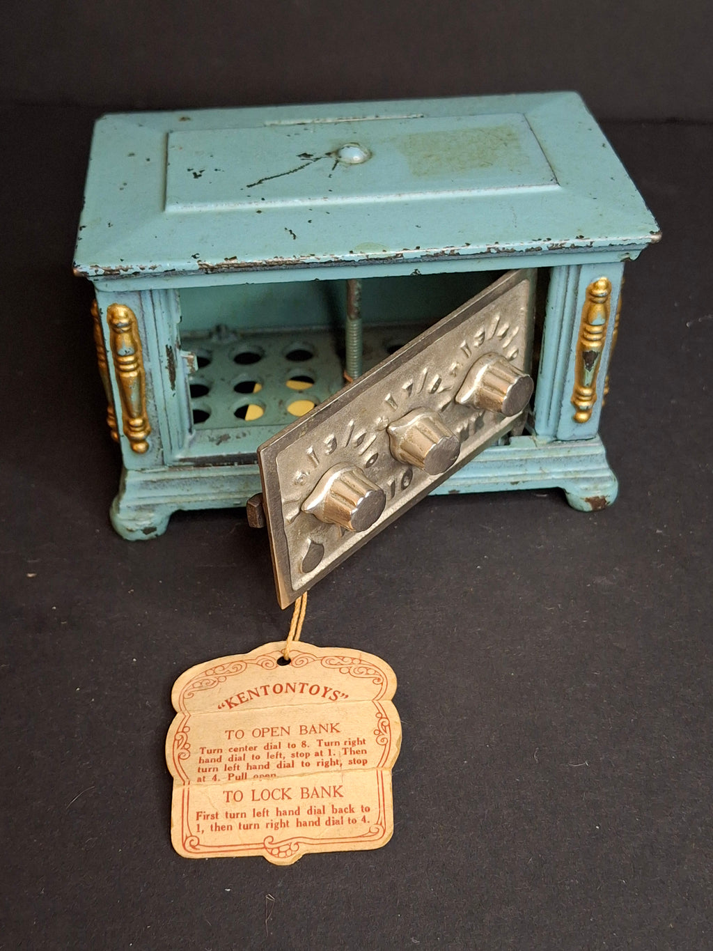 Antique Kenton Toys Cast Iron Radio Bank 1920s Small 3-Dial Safe w/ Original Tag Egelhoff and Pierce Collections
