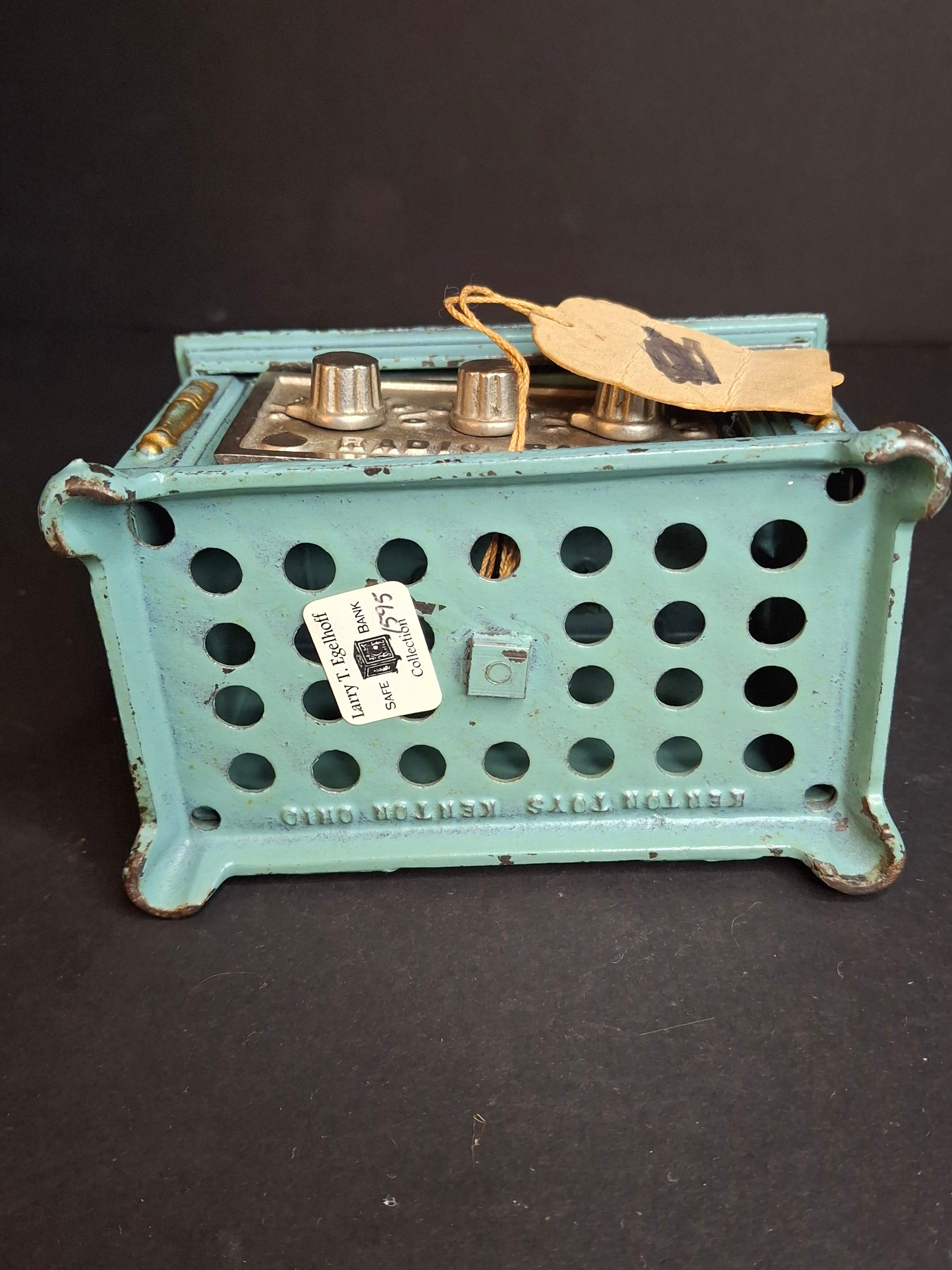 Antique Kenton Toys Cast Iron Radio Bank 1920s Small 3-Dial Safe w/ Original Tag Egelhoff and Pierce Collections