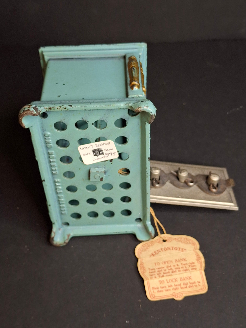 Antique Kenton Toys Cast Iron Radio Bank 1920s Small 3-Dial Safe w/ Original Tag Egelhoff and Pierce Collections