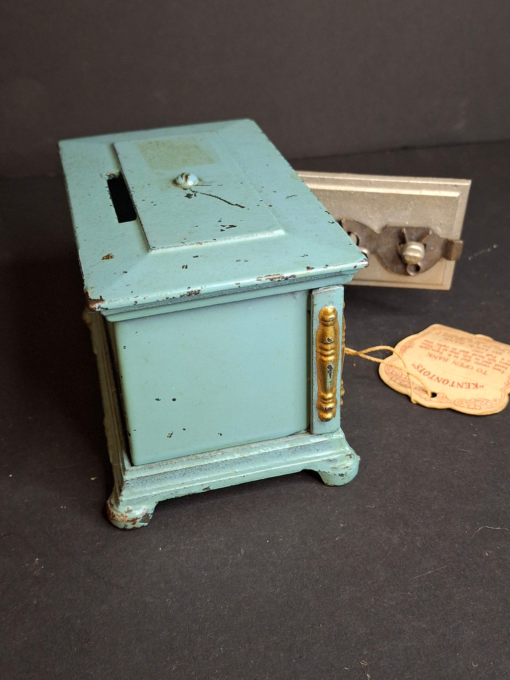Antique Kenton Toys Cast Iron Radio Bank 1920s Small 3-Dial Safe w/ Original Tag Egelhoff and Pierce Collections