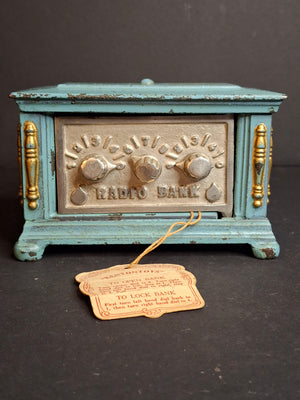 Antique Kenton Toys Cast Iron Radio Bank 1920s Small 3-Dial Safe w/ Original Tag Egelhoff and Pierce Provenance