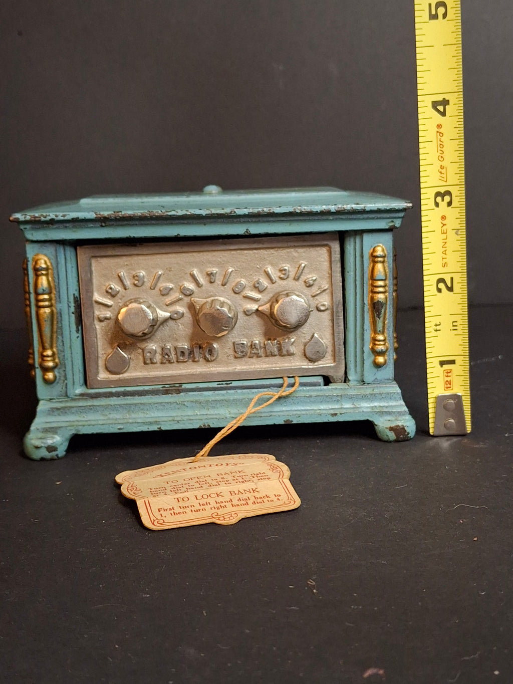 Antique Kenton Toys Cast Iron Radio Bank 1920s Small 3-Dial Safe w/ Original Tag Egelhoff and Pierce Collections