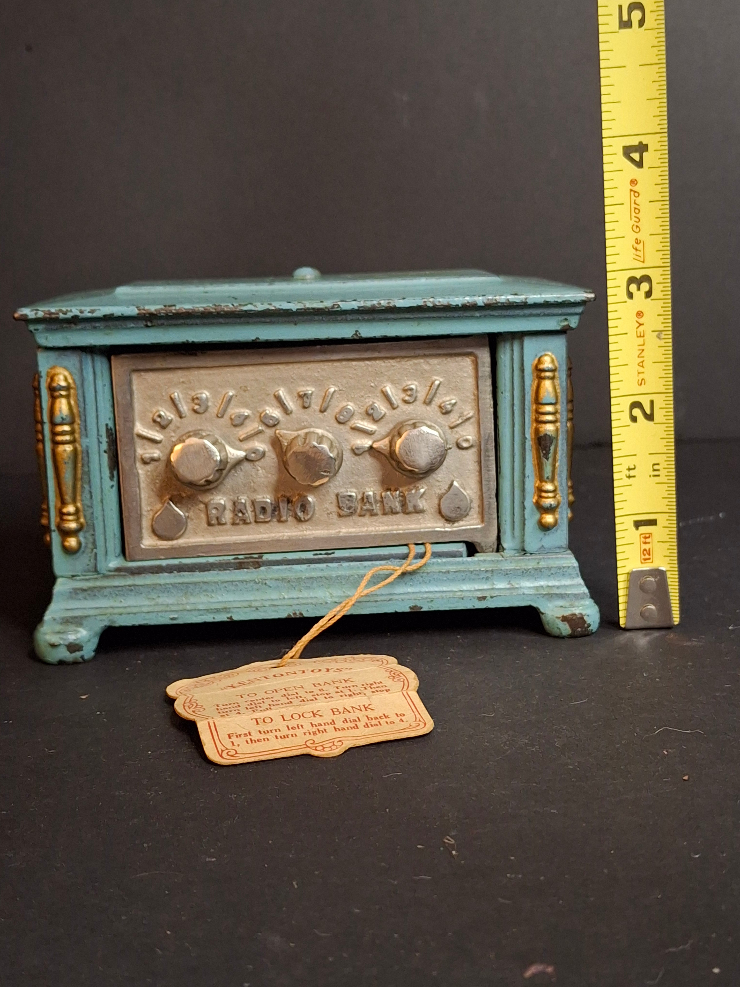 Antique Kenton Toys Cast Iron Radio Bank 1920s Small 3-Dial Safe w/ Original Tag Egelhoff and Pierce Collections