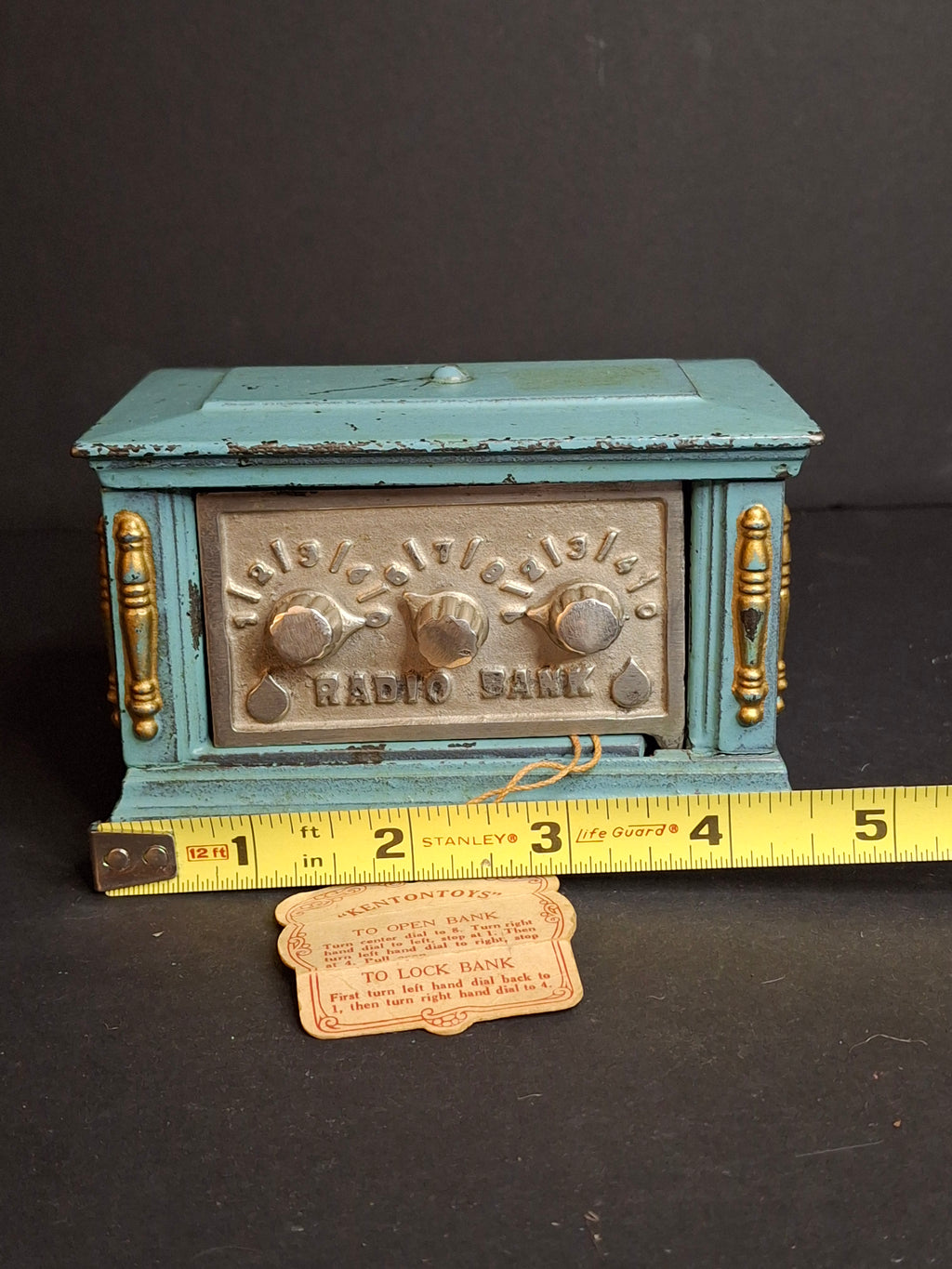 Antique Kenton Toys Cast Iron Radio Bank 1920s Small 3-Dial Safe w/ Original Tag Egelhoff and Pierce Collections