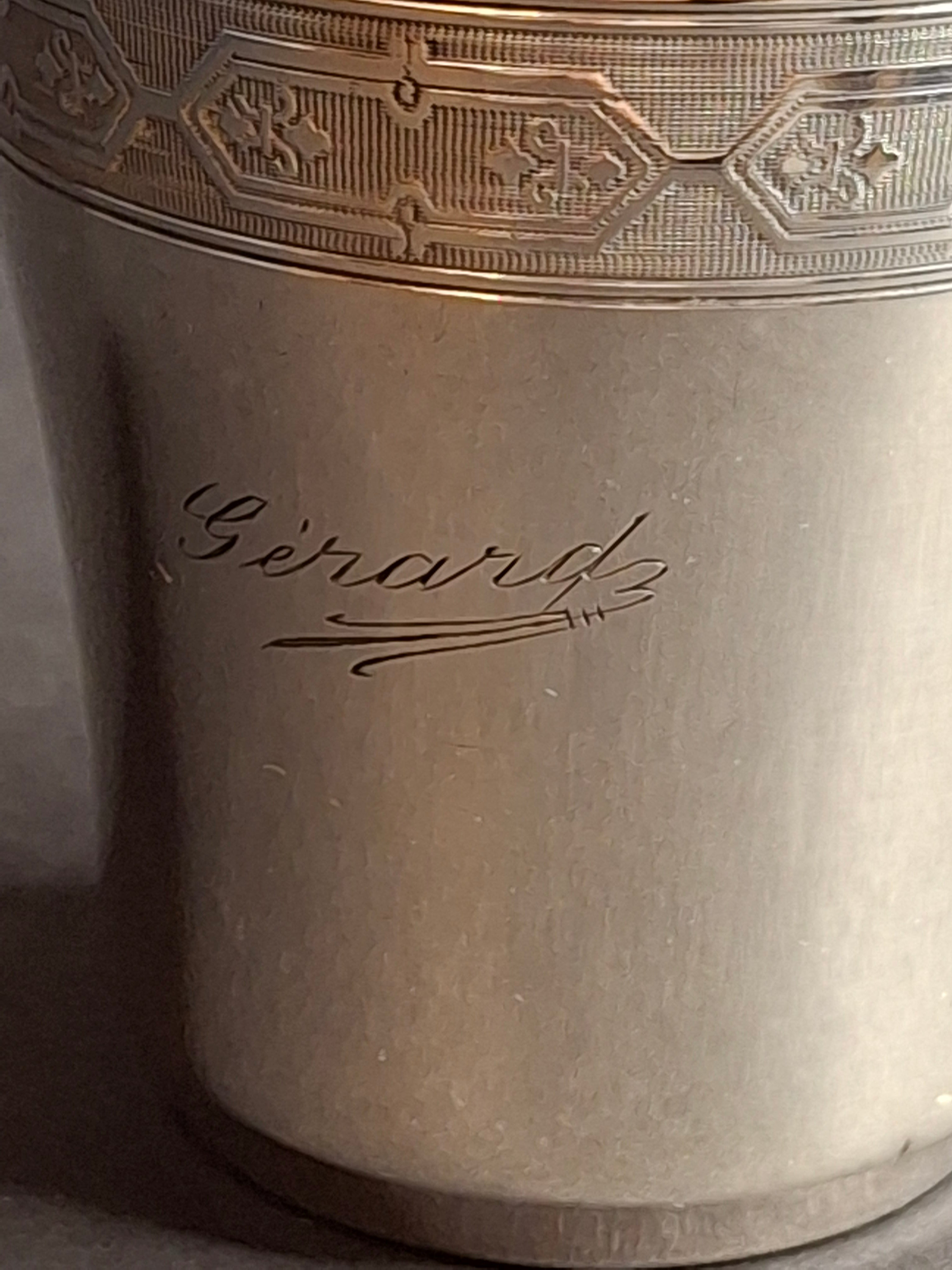 Antique 19th C. French Solid Silver Kiddush Cup, Ornate Engraved "Gerard", High Purity 950