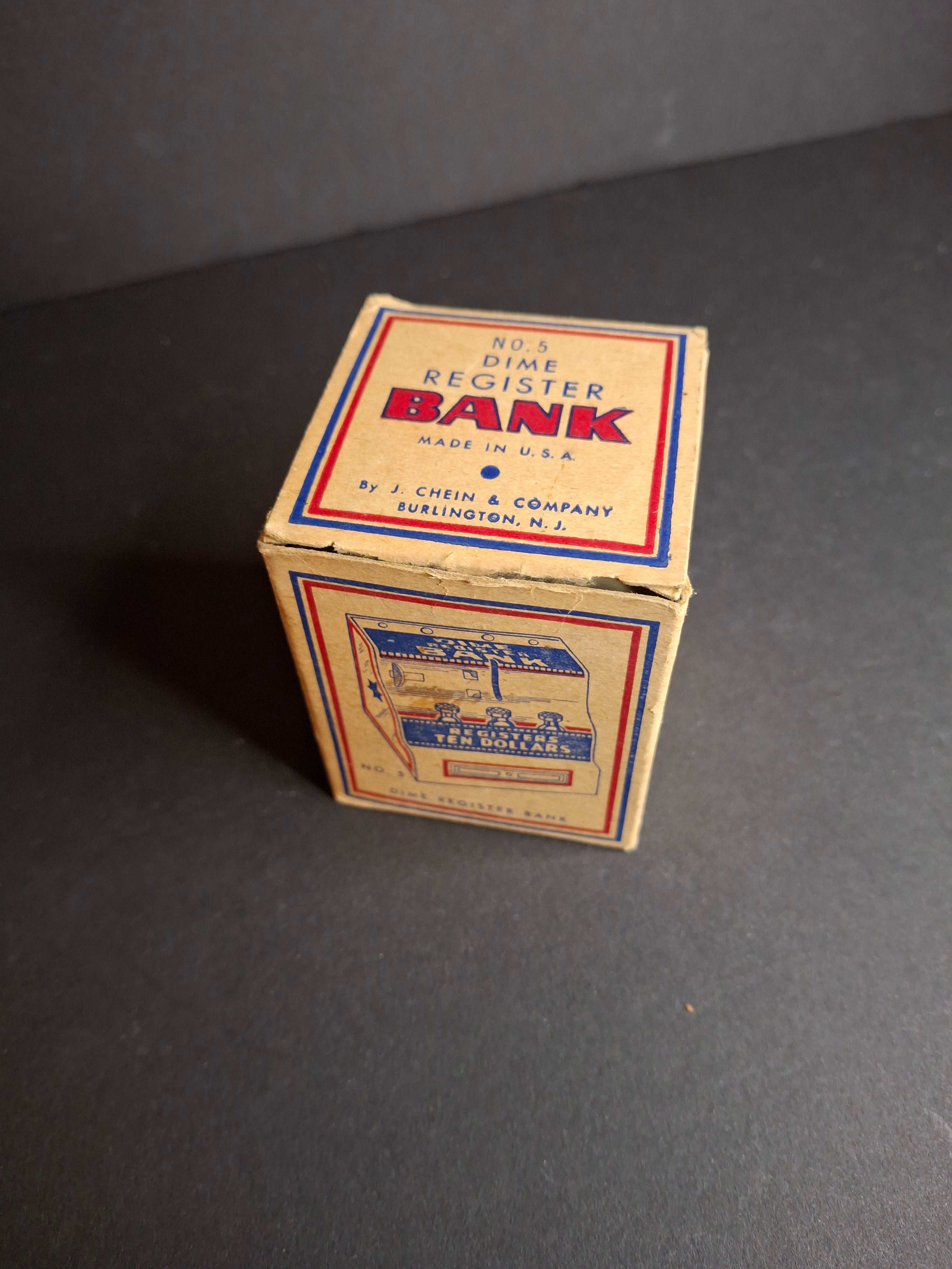 Vintage 1950s J. Chein No. 5 Dime Register Bank Tin Litho Near Mint Toy with Original Box