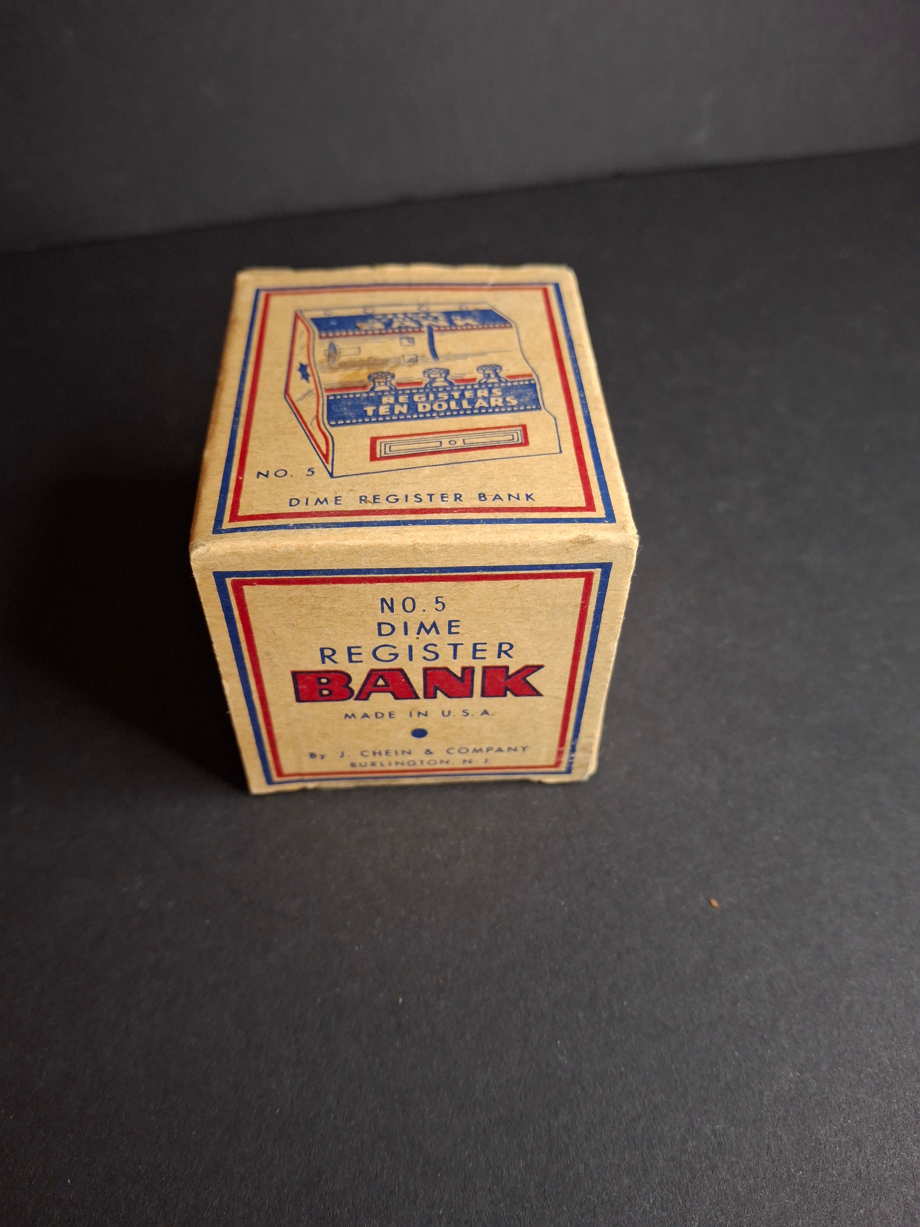 Vintage 1950s J. Chein No. 5 Dime Register Bank Tin Litho Near Mint Toy with Original Box