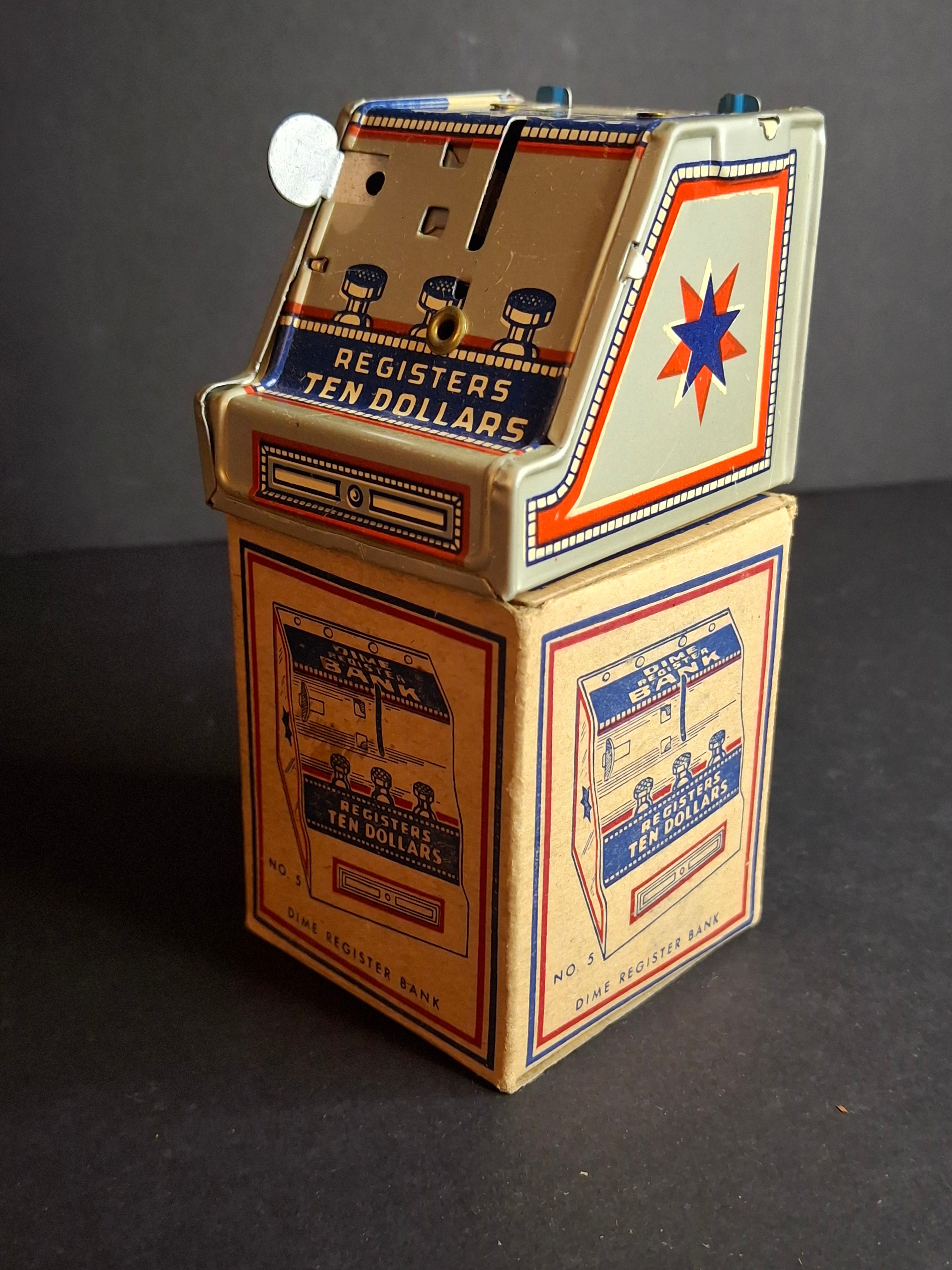 Vintage 1950s J. Chein No. 5 Dime Register Bank Tin Litho Near Mint Toy with Original Box