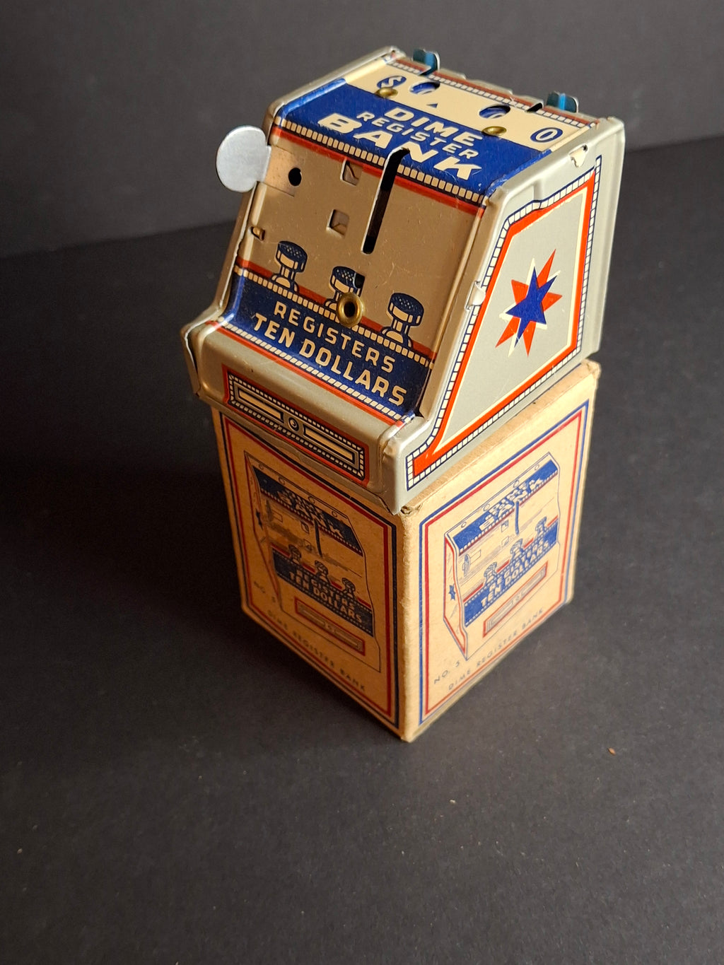Vintage 1950s J. Chein No. 5 Dime Register Bank Tin Litho Near Mint Toy with Original Box
