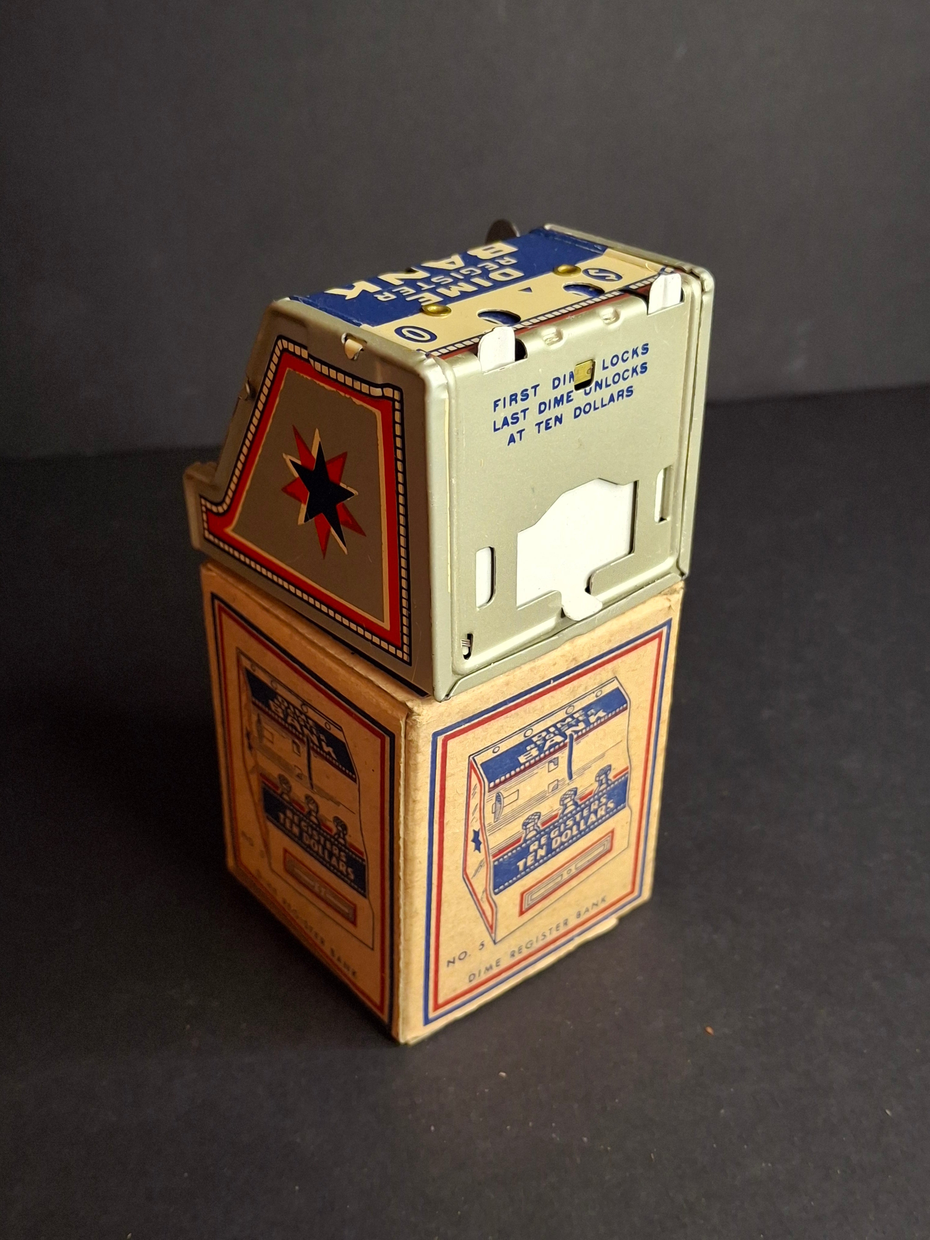 Vintage 1950s J. Chein No. 5 Dime Register Bank Tin Litho Near Mint Toy with Original Box