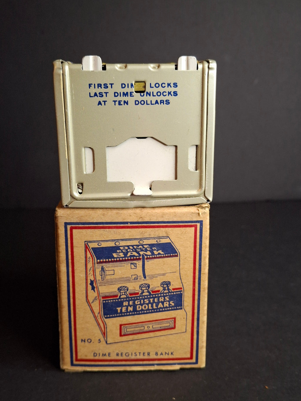 Vintage 1950s J. Chein No. 5 Dime Register Bank Tin Litho Near Mint Toy with Original Box