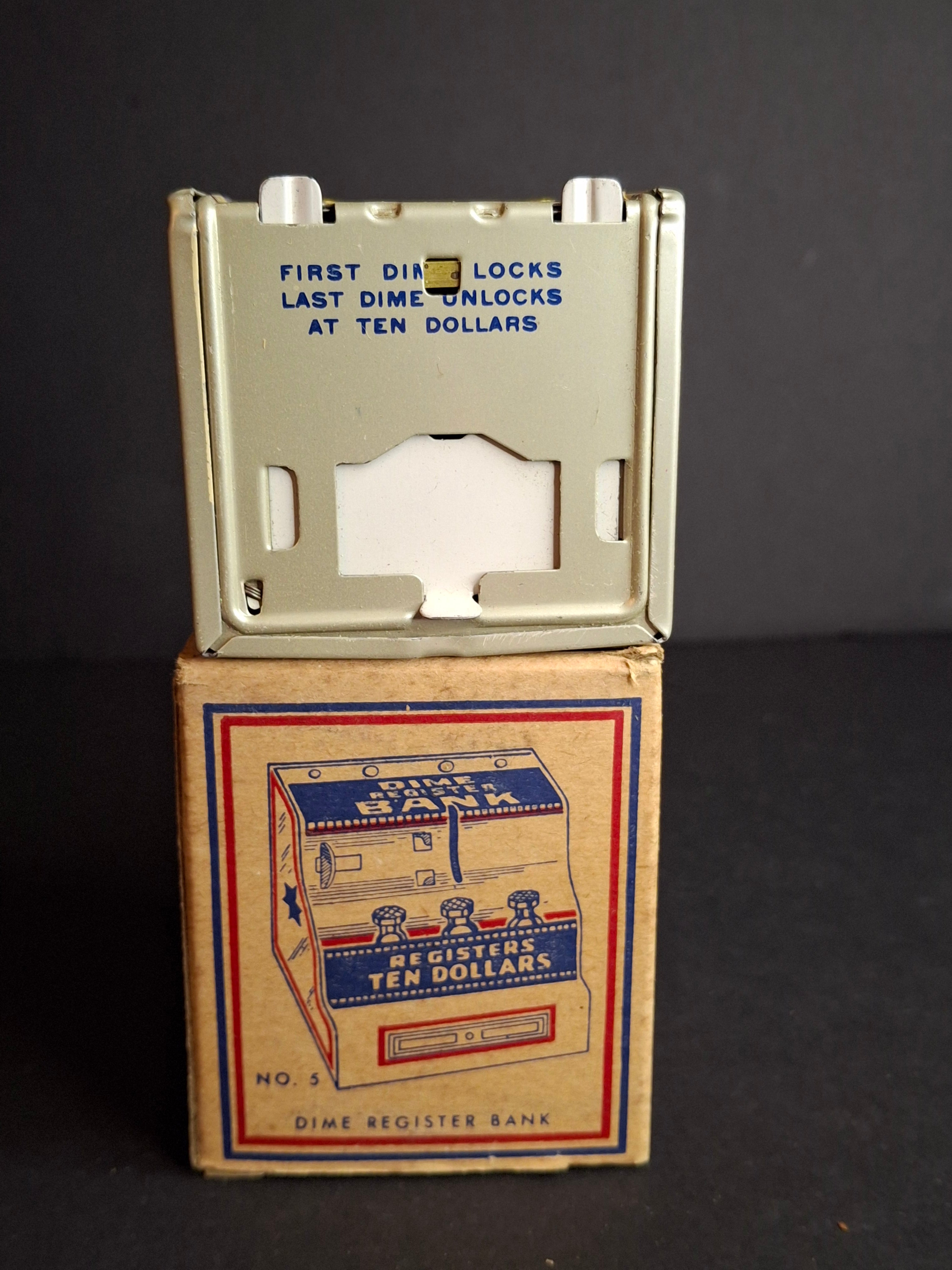 Vintage 1950s J. Chein No. 5 Dime Register Bank Tin Litho Near Mint Toy with Original Box
