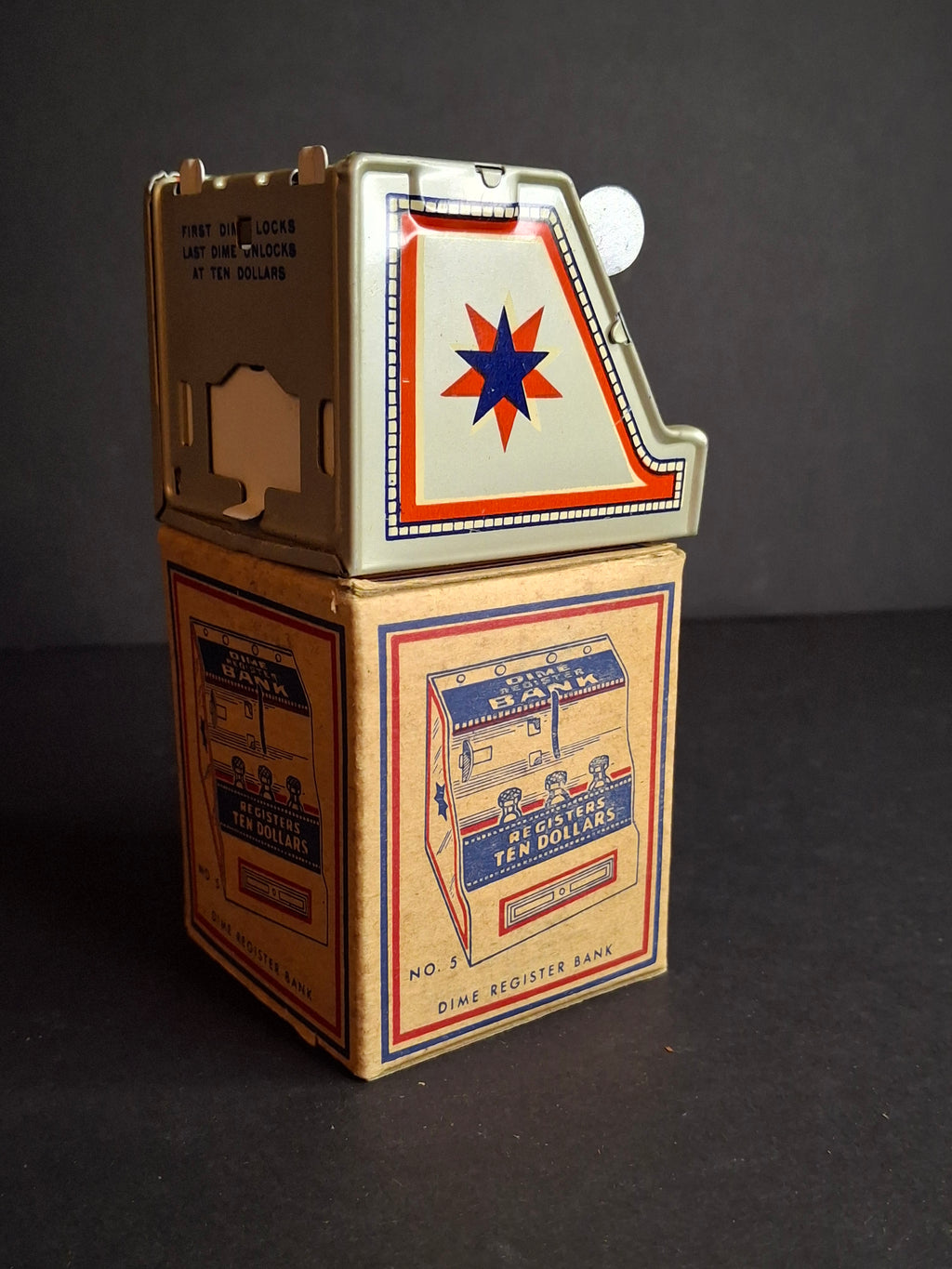 Vintage 1950s J. Chein No. 5 Dime Register Bank Tin Litho Near Mint Toy with Original Box
