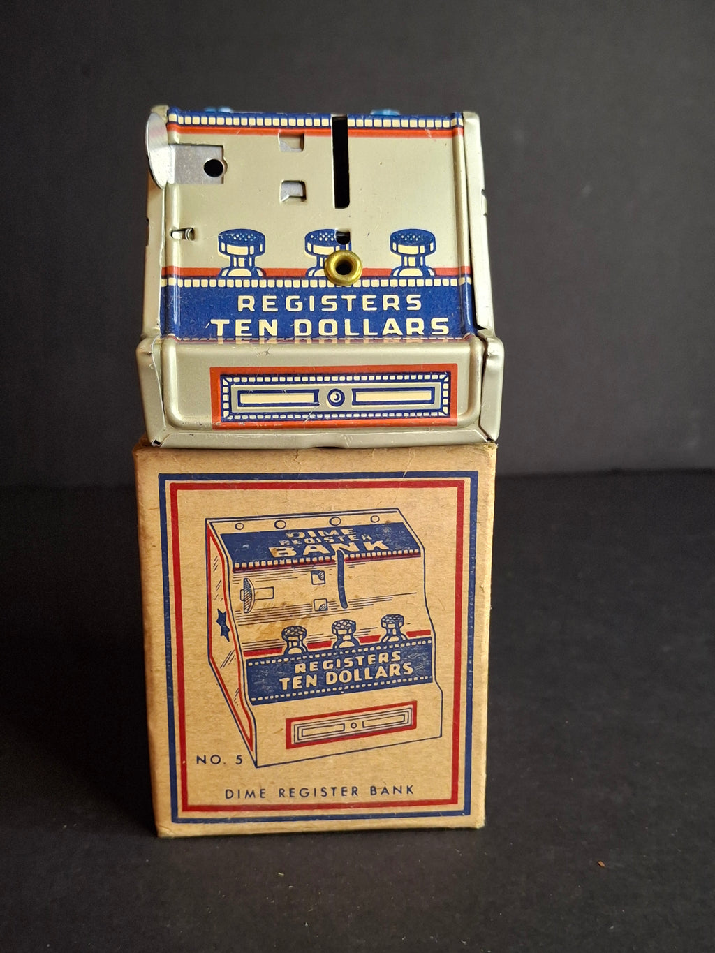 Vintage 1950s J. Chein No. 5 Dime Register Bank Tin Litho Near Mint Toy with Original Box