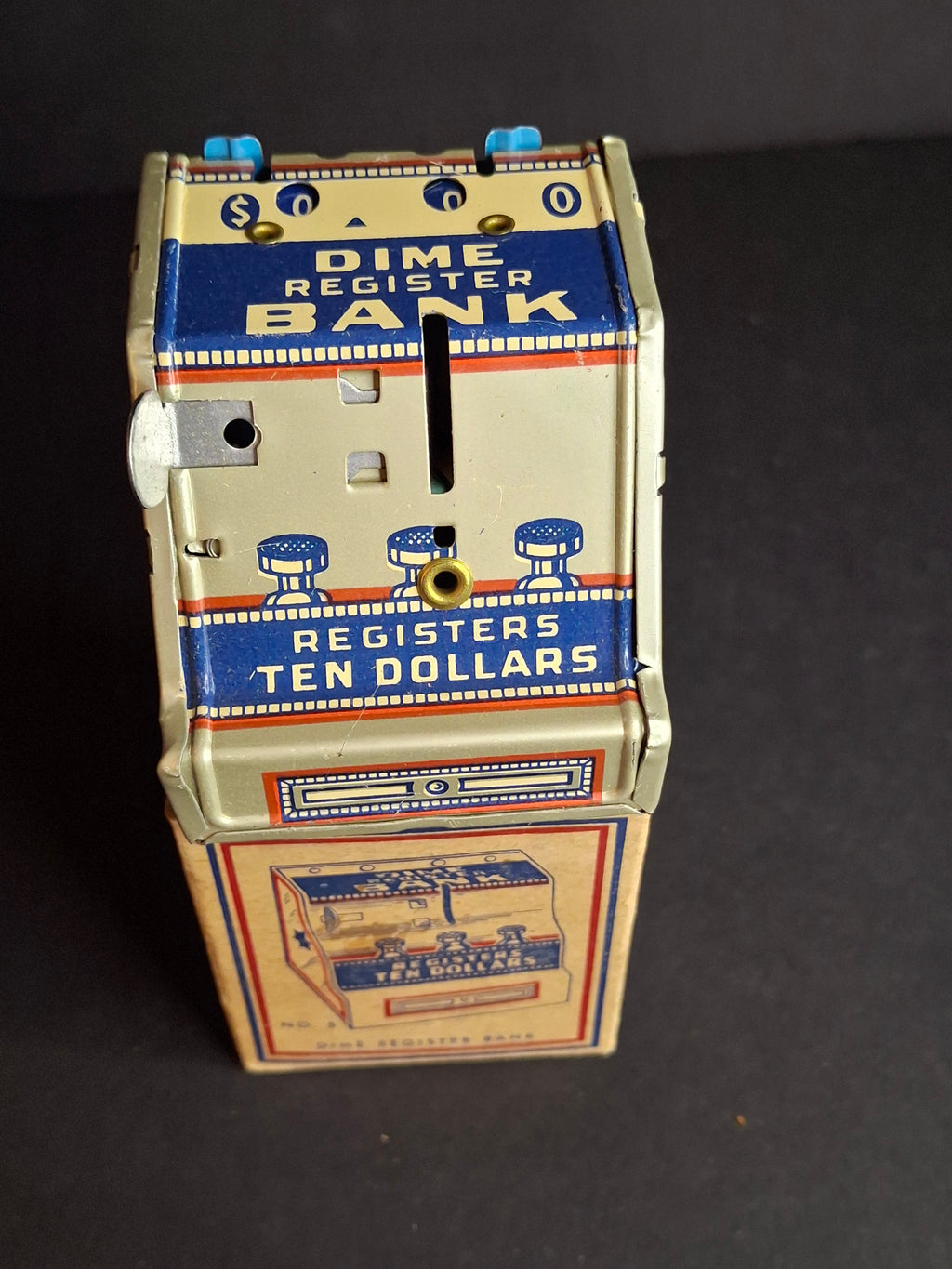 Vintage 1950s J. Chein No. 5 Dime Register Bank Tin Litho Near Mint Toy with Original Box