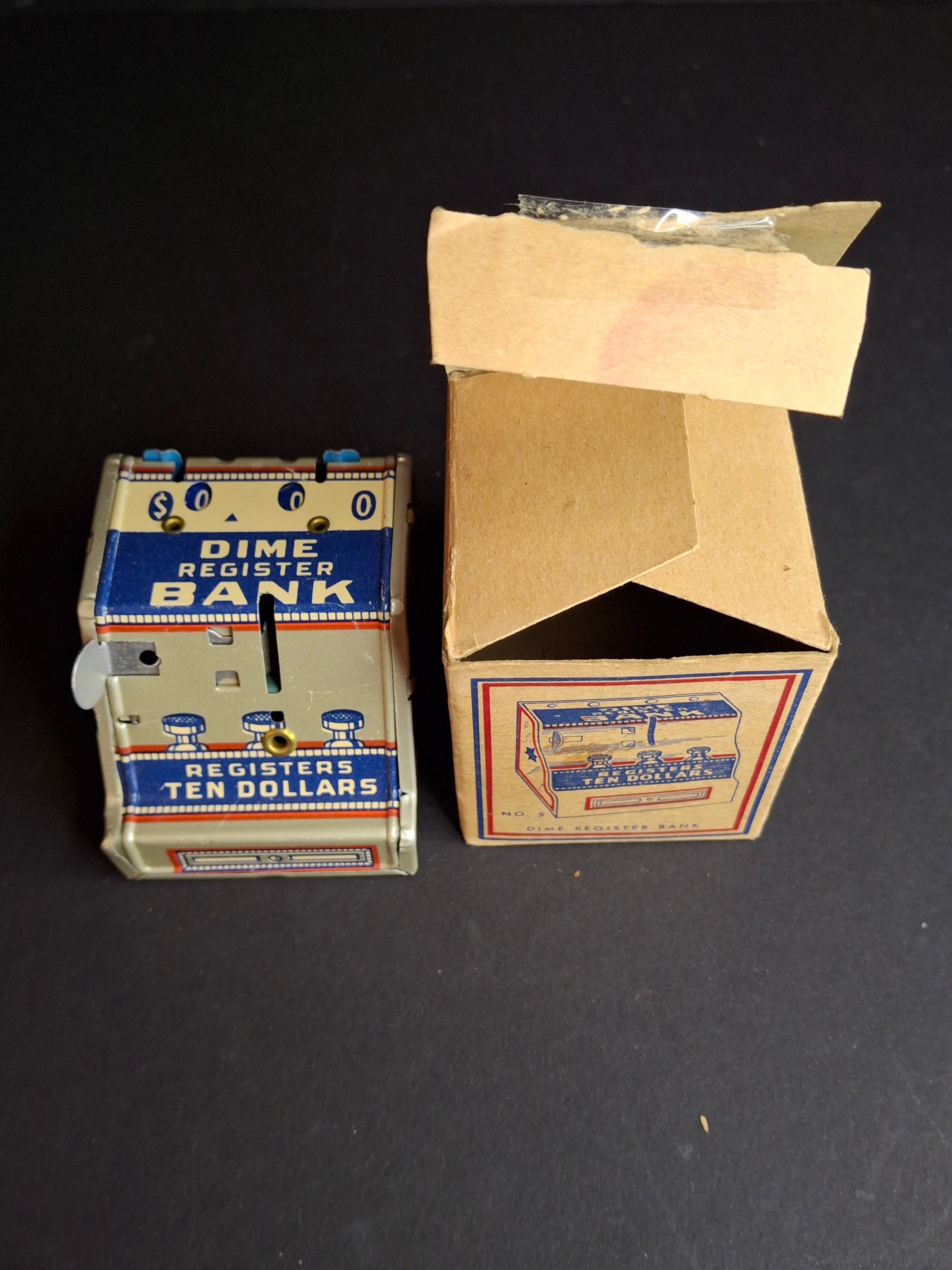 Vintage 1950s J. Chein No. 5 Dime Register Bank Tin Litho Near Mint Toy with Original Box