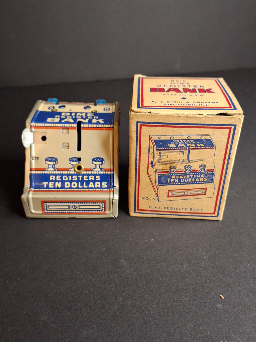Vintage 1950s J. Chein No. 5 Dime Register Bank Tin Litho Near Mint Toy with Original Box