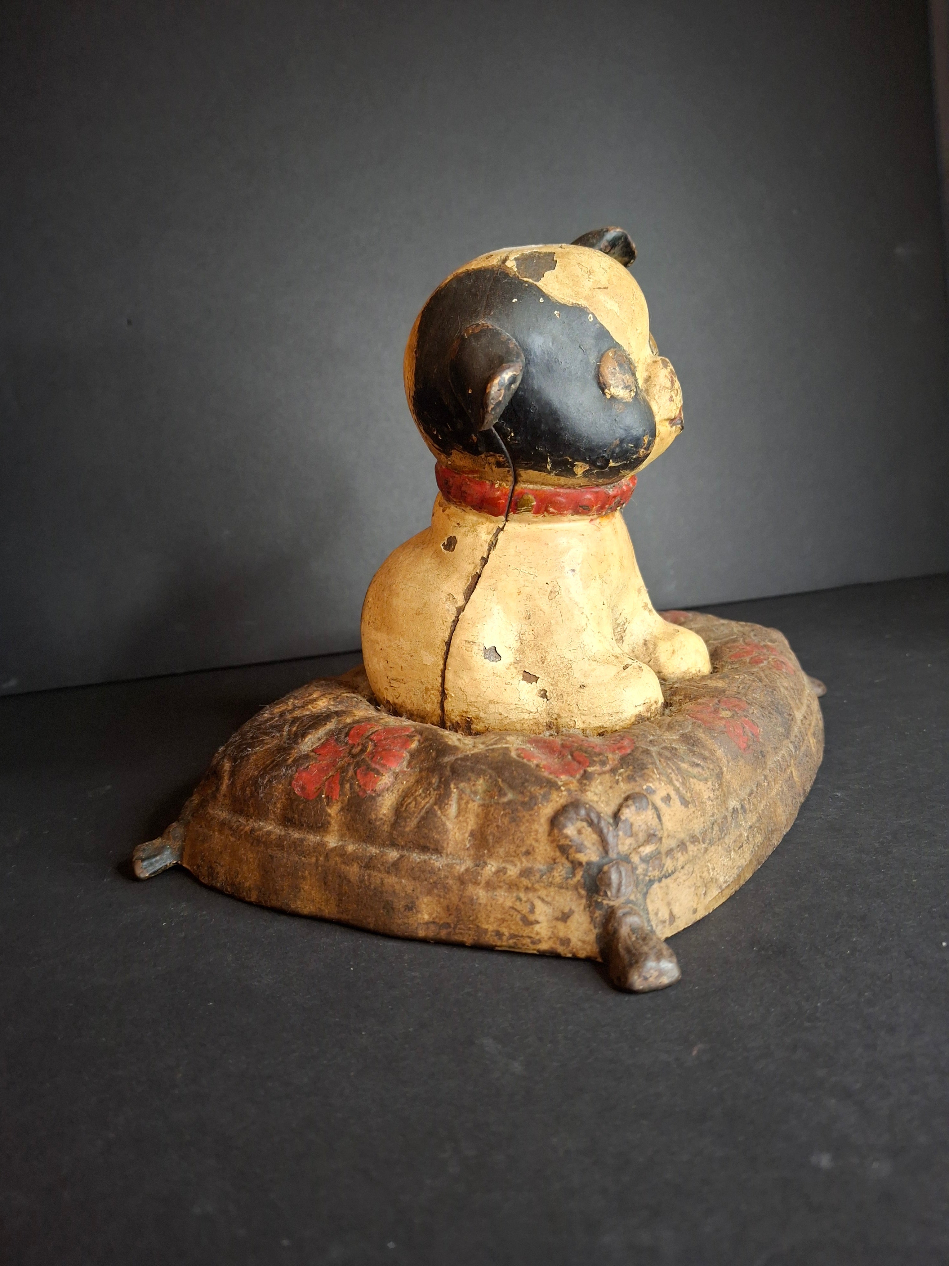 Antique Hubley Cast Iron Fido on Pillow Still Penny Bank, Original Paint c. 1920s - Tom Kellogg Collection
