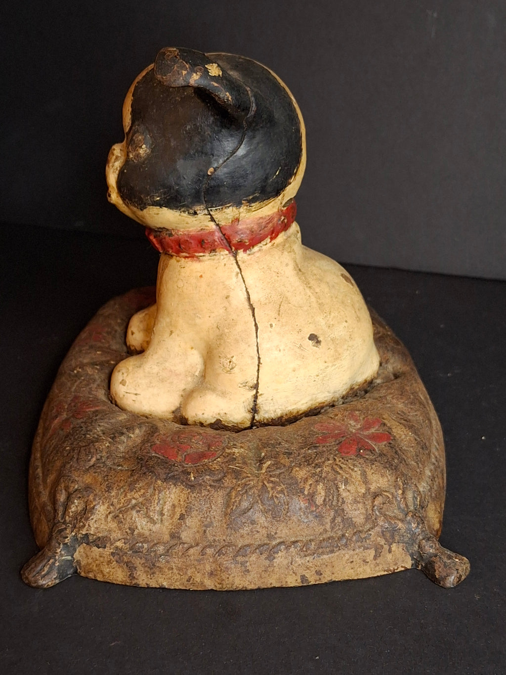 Antique Hubley Cast Iron Fido on Pillow Still Penny Bank, Original Paint c. 1920s - Tom Kellogg Collection