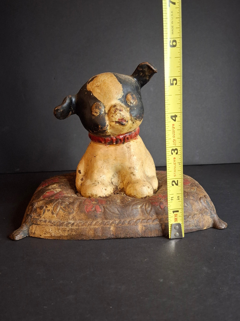 Antique Hubley Cast Iron Fido on Pillow Still Penny Bank, Original Paint c. 1920s - Tom Kellogg Collection