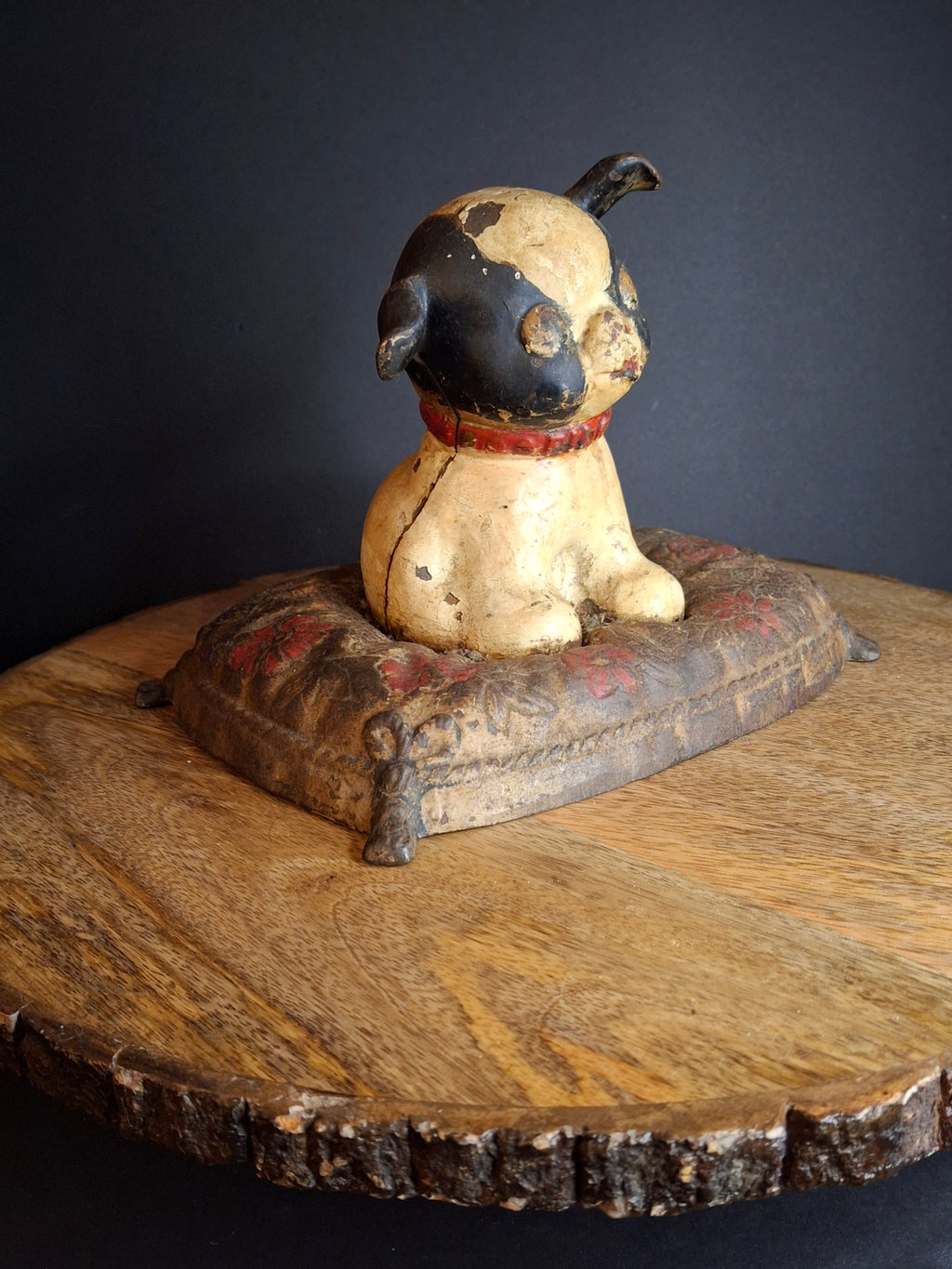 Antique Hubley Cast Iron Fido on Pillow Still Penny Bank, Original Paint c. 1920s - Tom Kellogg Collection