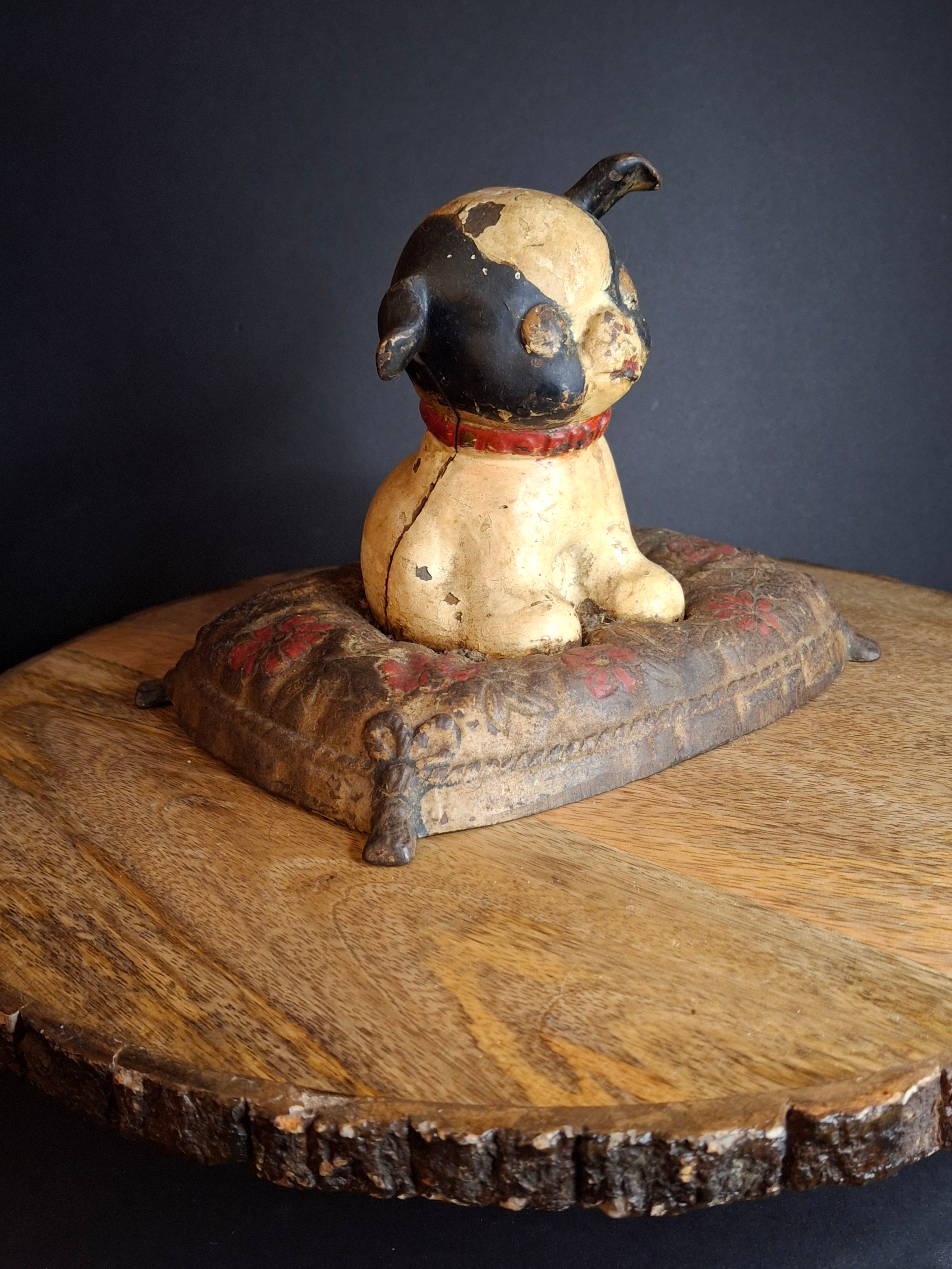 Antique Hubley Cast Iron Fido on Pillow Still Penny Bank, Original Paint c. 1920s - Tom Kellogg Collection