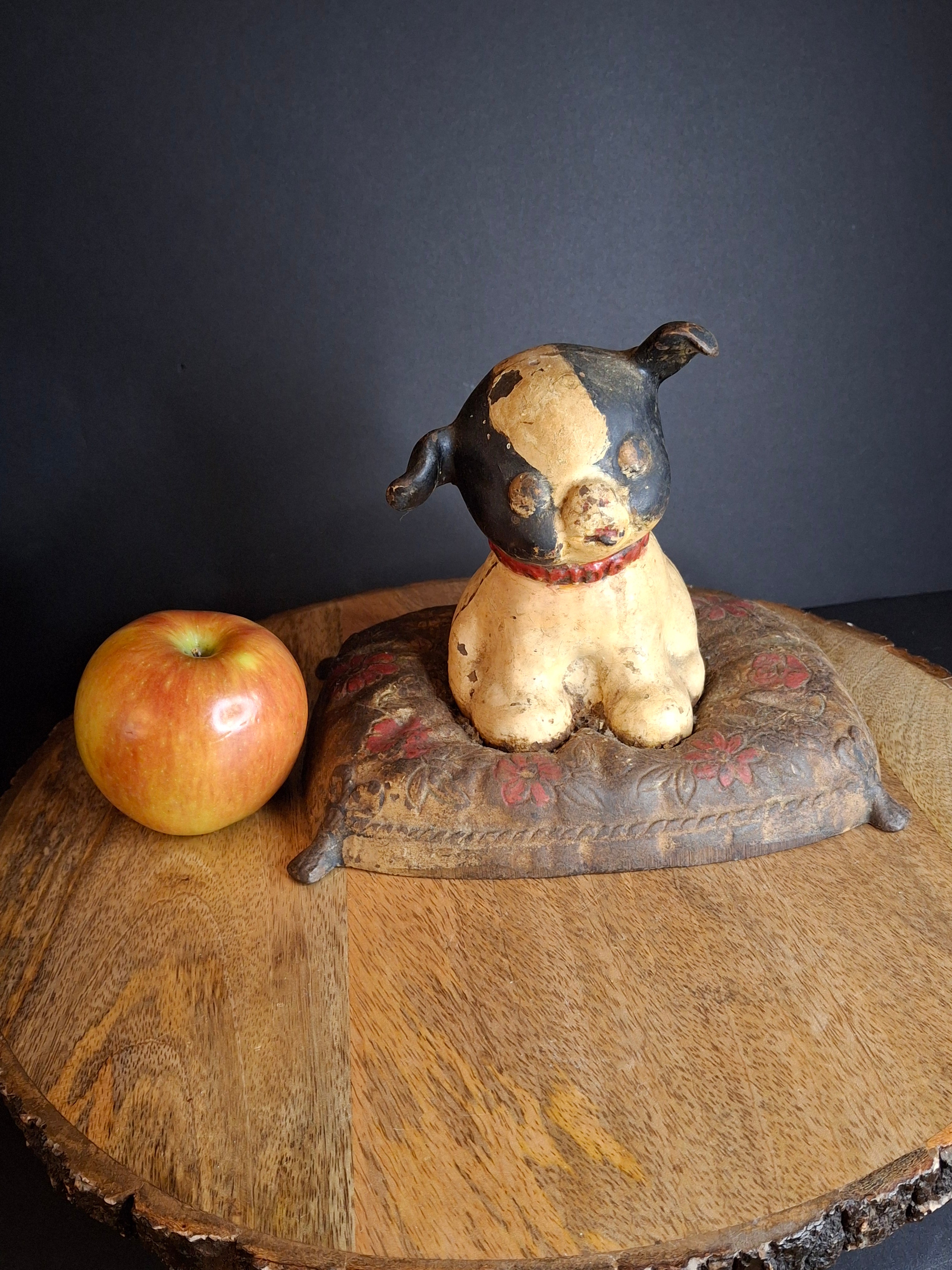 Antique Hubley Cast Iron Fido on Pillow Still Penny Bank, Original Paint c. 1920s - Tom Kellogg Collection