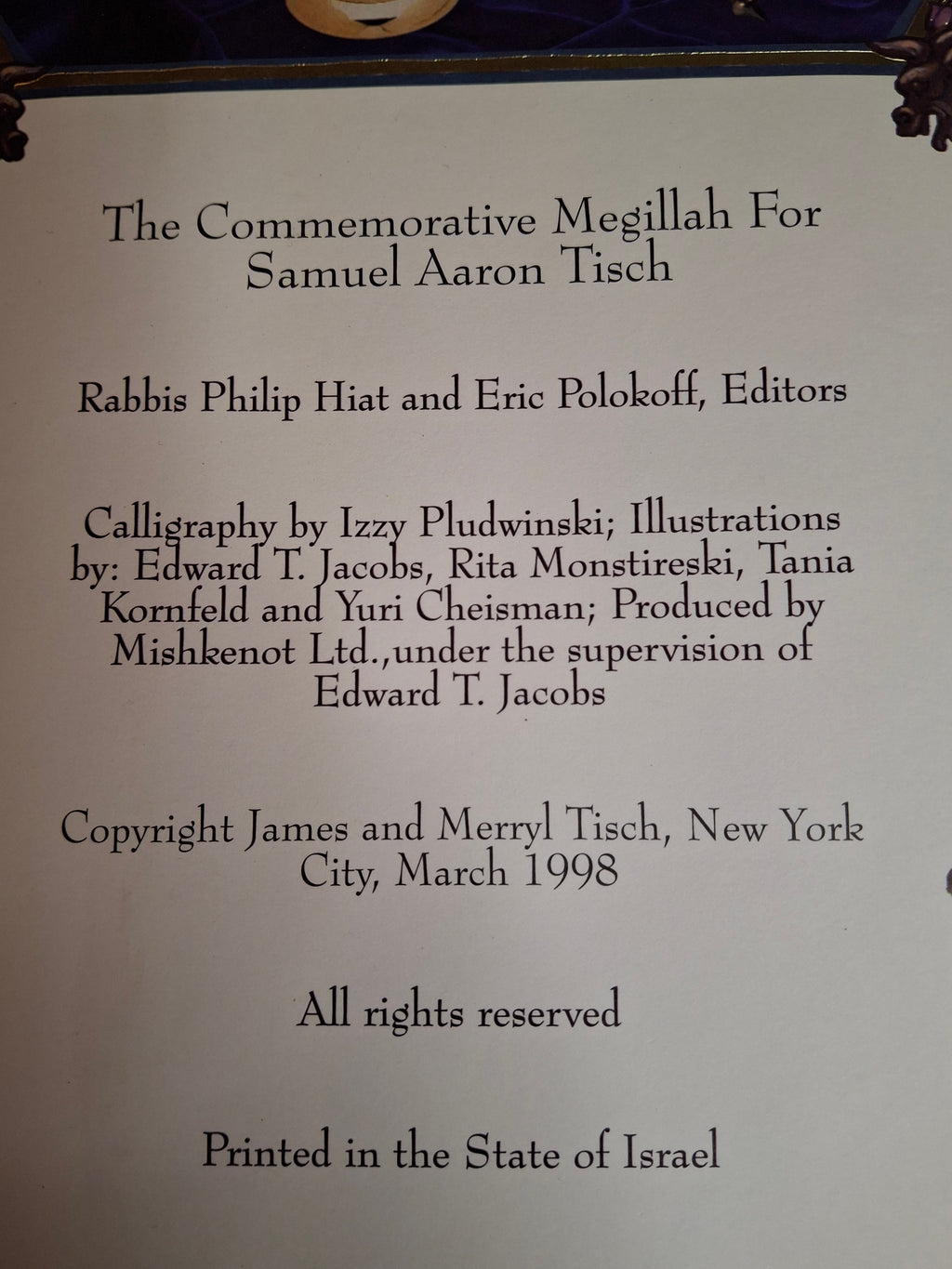 1998 Commemorative Megillah Esther Scroll Tisch Family Judaica Art Purim Signed