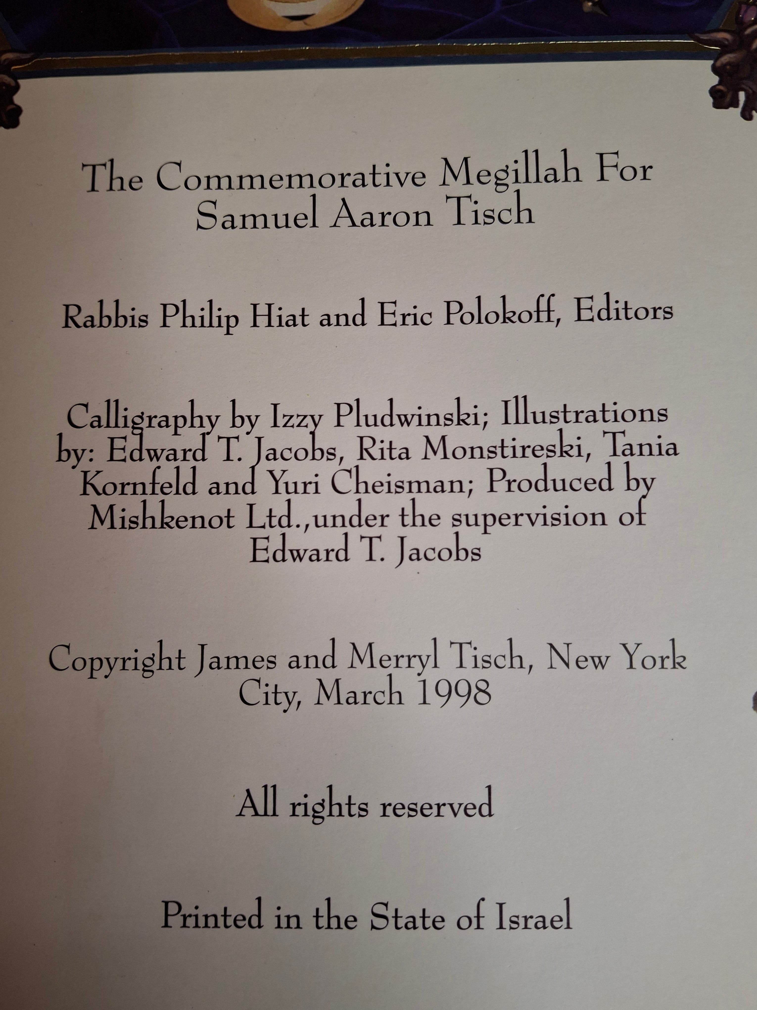 1998 Commemorative Megillah Esther Scroll Tisch Family Judaica Art Purim Signed